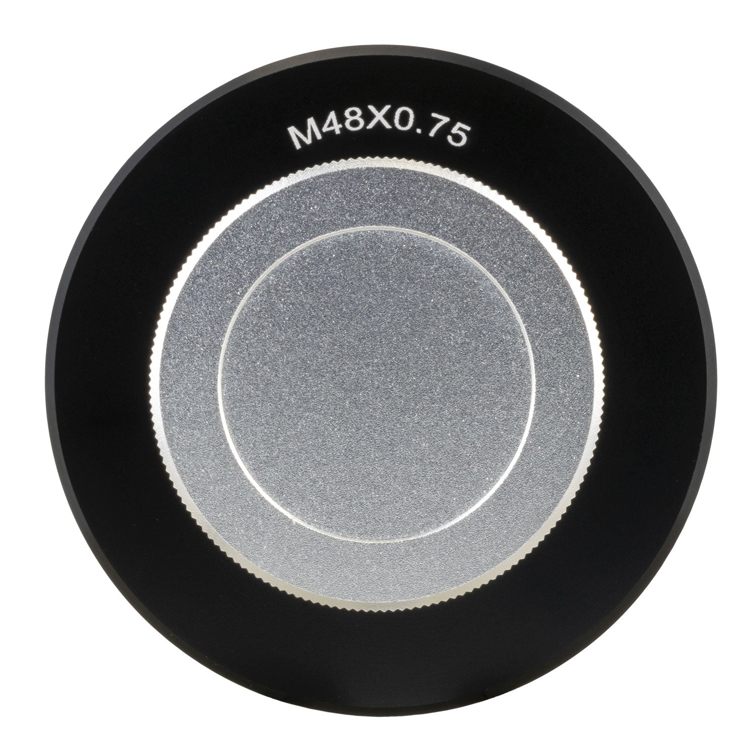 Explore Scientific M48 x 0.75 camera adapter for the 3-inch field flattener and 0.7x focal reducer, a short black threaded adapter