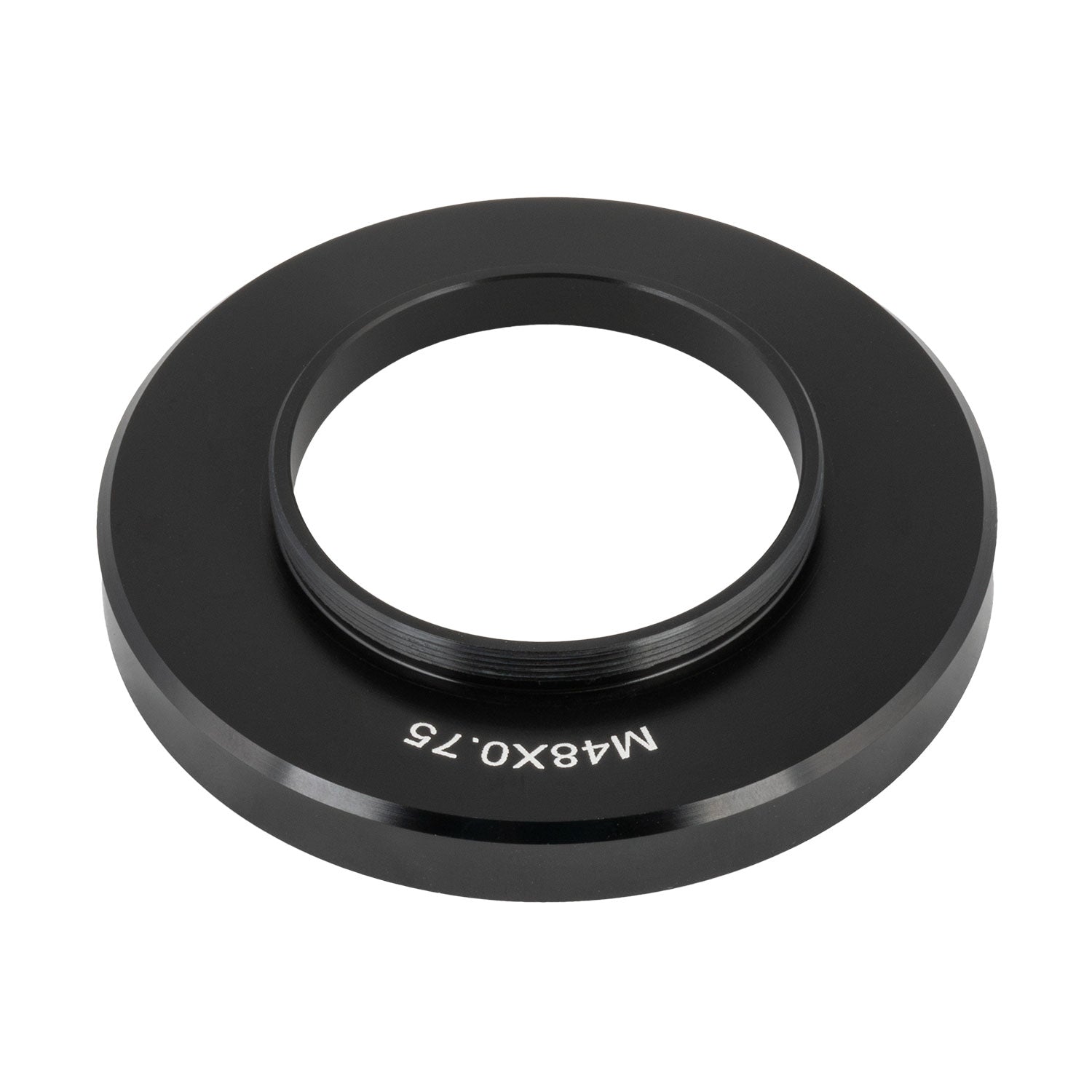 Angled view of the M48 x 0.75 adapter showing its overall depth and black anodised finish