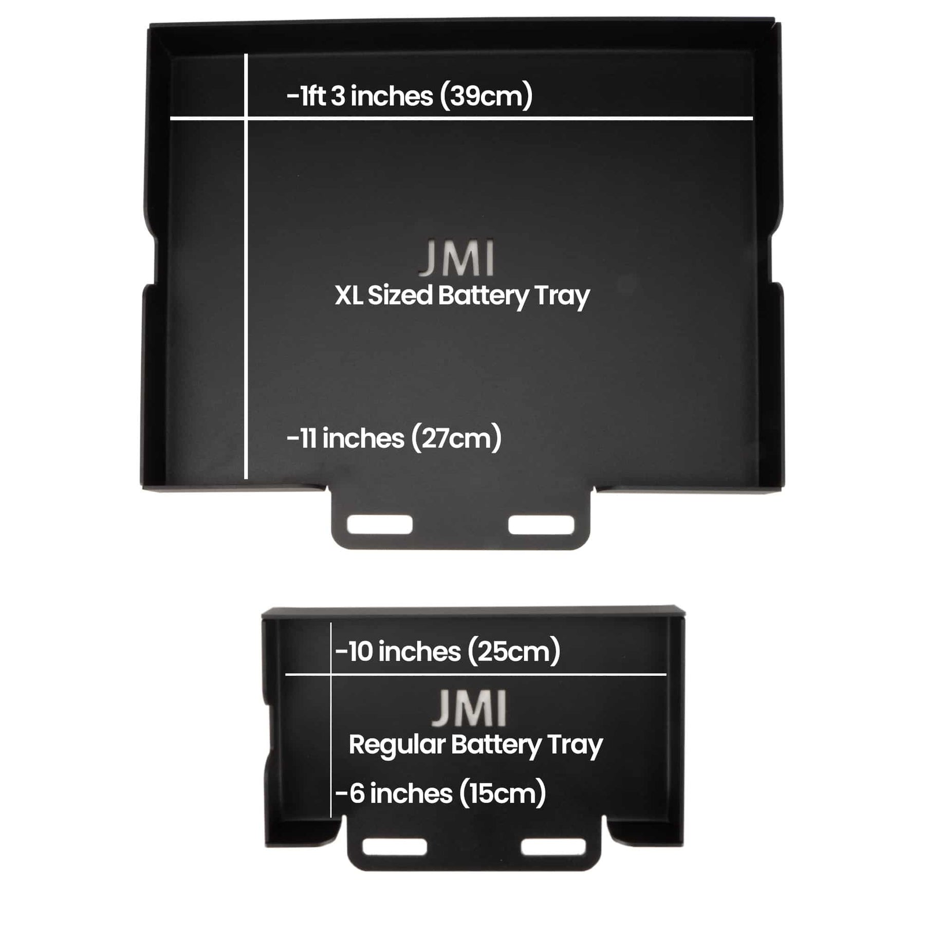 JMI Battery Pack Holder XL size comparison against a large battery pack, fits packs up to 15.75 by 11.75 inches