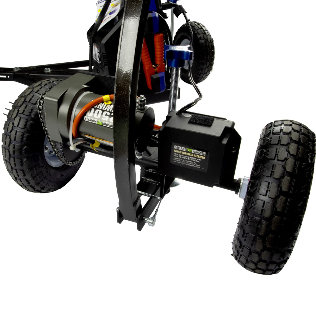 JMI motorized Universal Wheeley Bar with Motor Upgrade, battery pack holder and 10 inch pneumatic wheels for powered telescope transport over grass