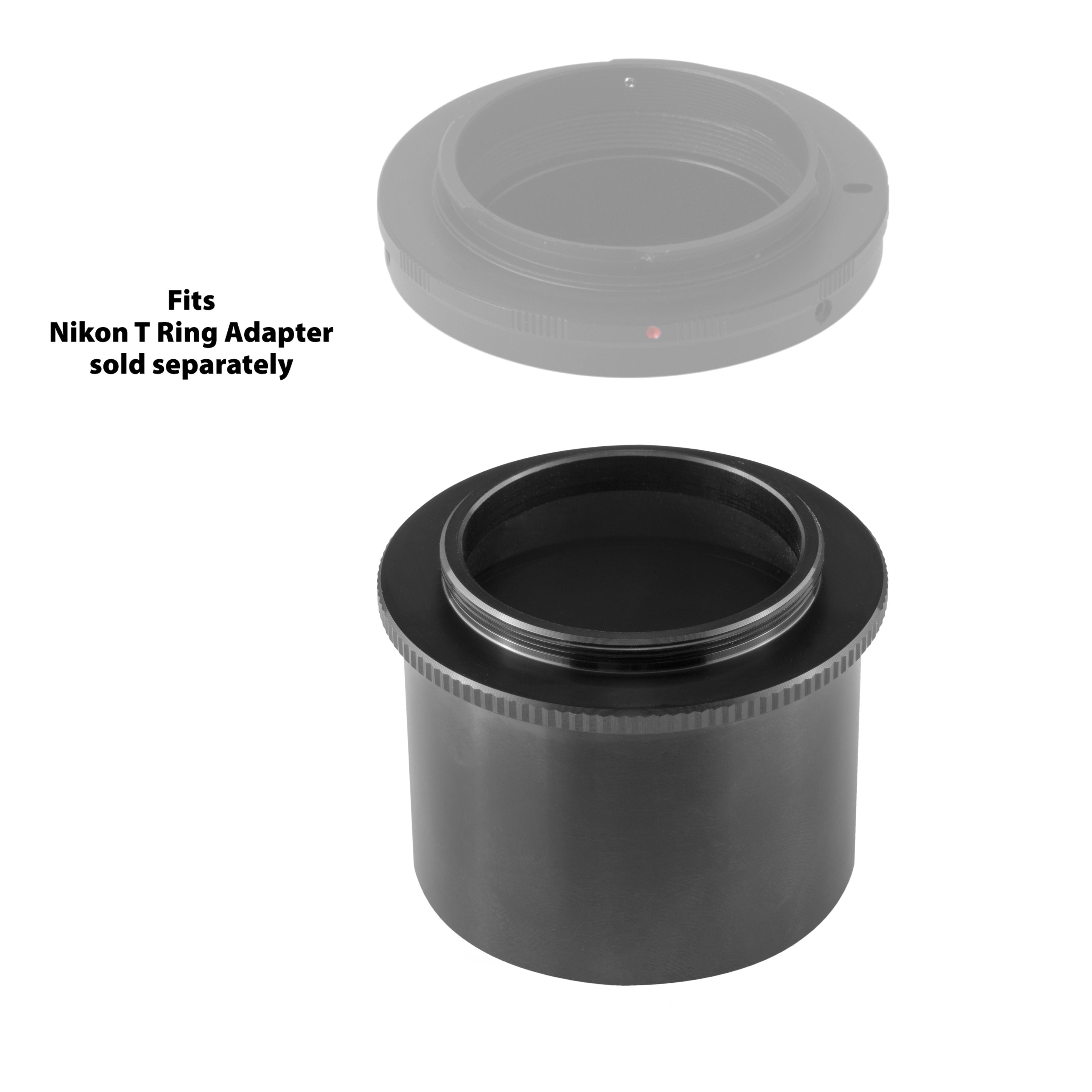 The T2 camera adapter shown with a Nikon camera mount ring to illustrate how a T-ring attaches