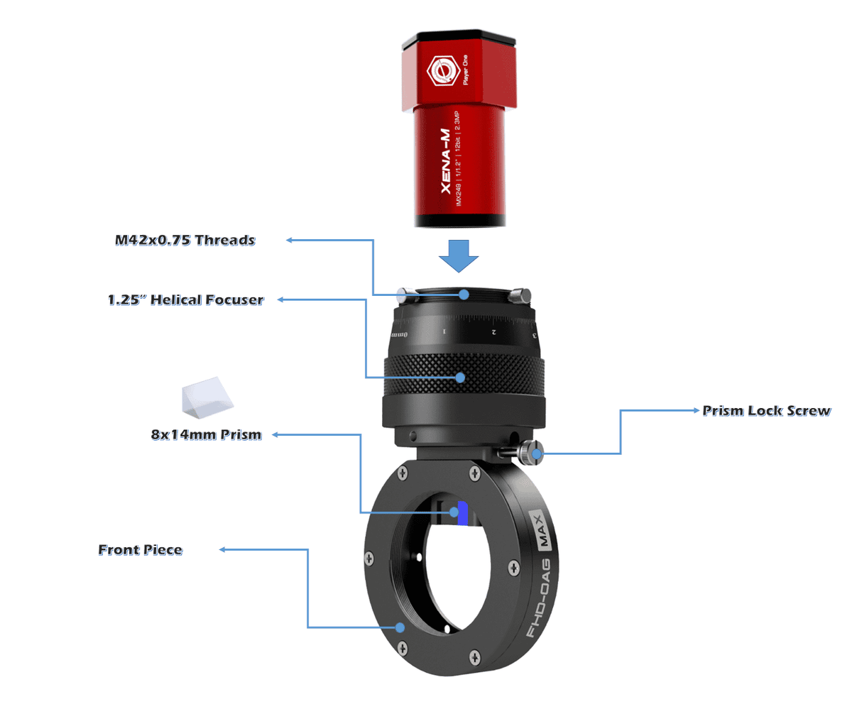 Player One Astronomy FHD-OAG MAX off-axis guider parts and prism assembly for astrophotography
