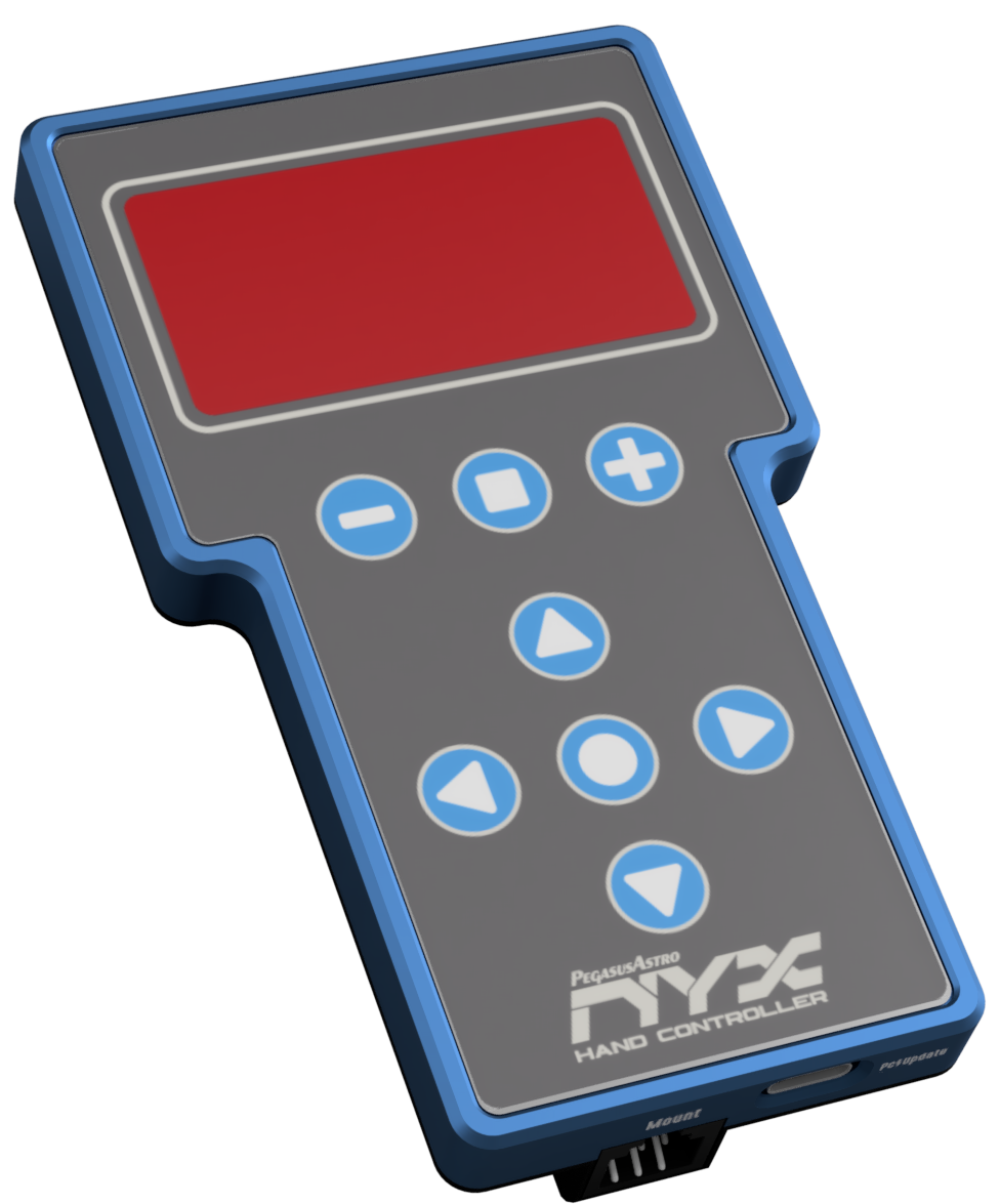 Pegasus Astro NYX hand controller with red illuminated keypad for computer-free goto and alignment control of the NYX telescope mount