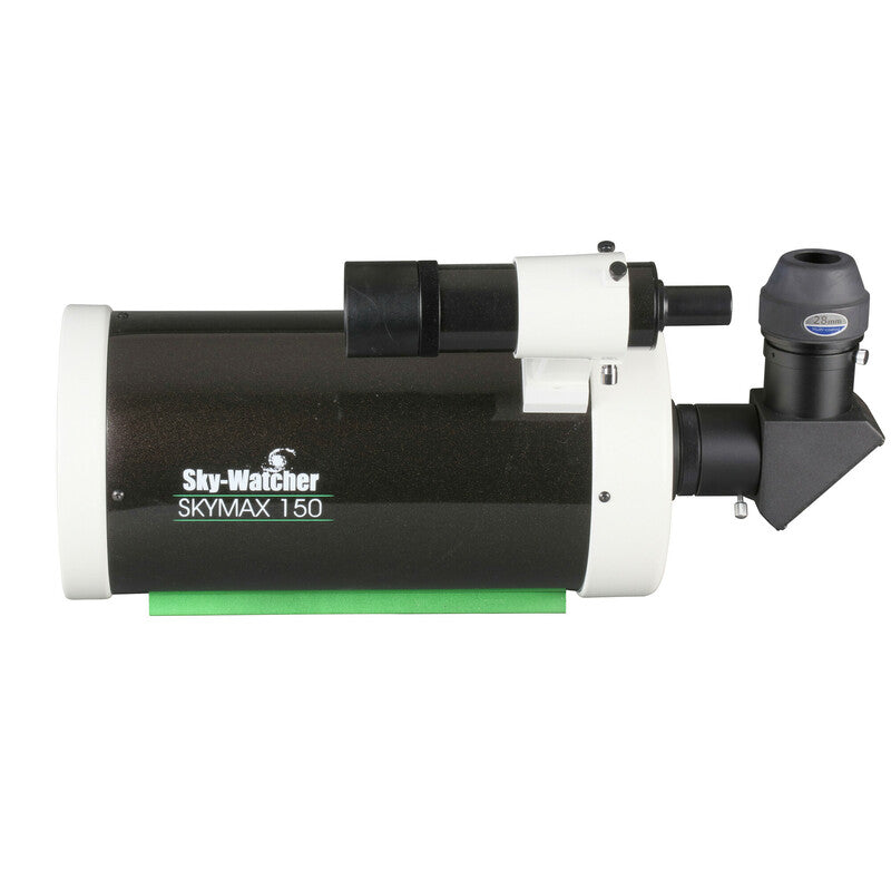 Sky-Watcher Skymax 150 Maksutov-Cassegrain optical tube, left profile showing mounting rings and V-style dovetail, telescope for planetary observing