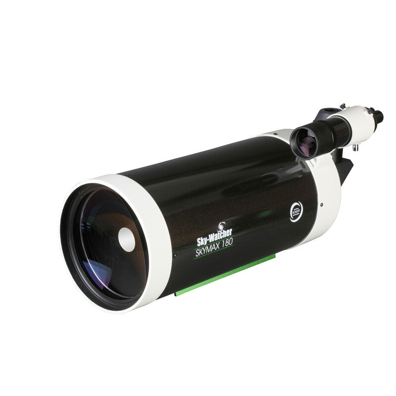 Sky-Watcher Skymax 180 Maksutov-Cassegrain optical tube assembly, left front view, 180mm f/15 telescope for lunar and planetary observing and imaging