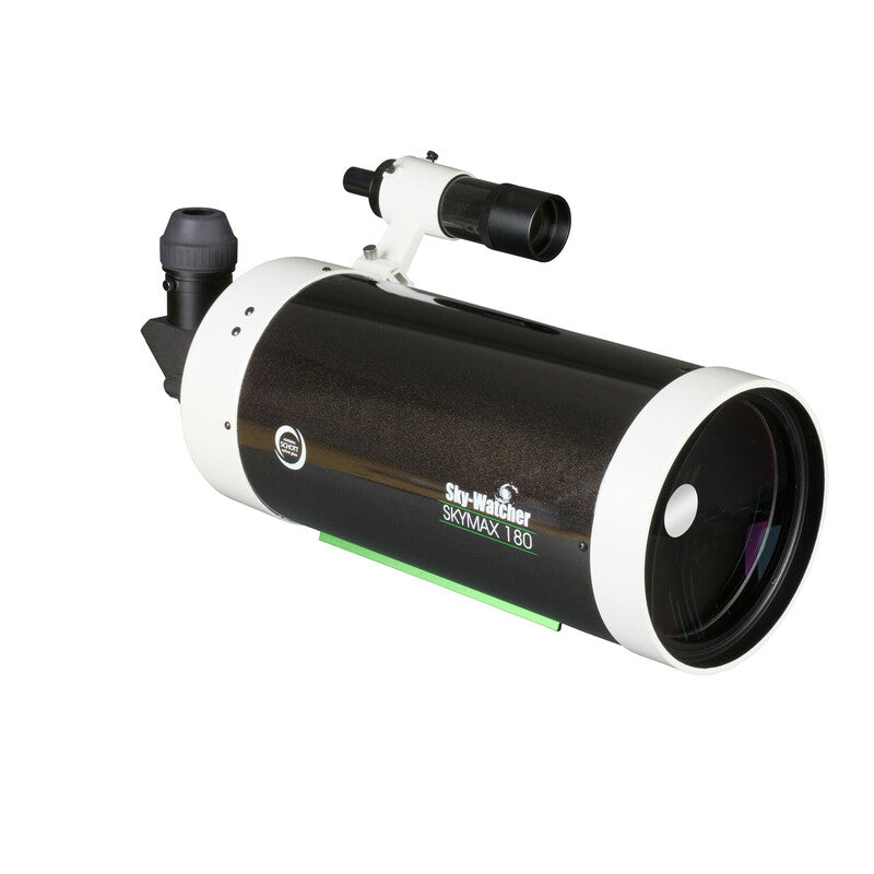 Sky-Watcher Skymax 180 Maksutov-Cassegrain optical tube assembly, right front view, 180mm f/15 telescope for lunar and planetary observing and imaging