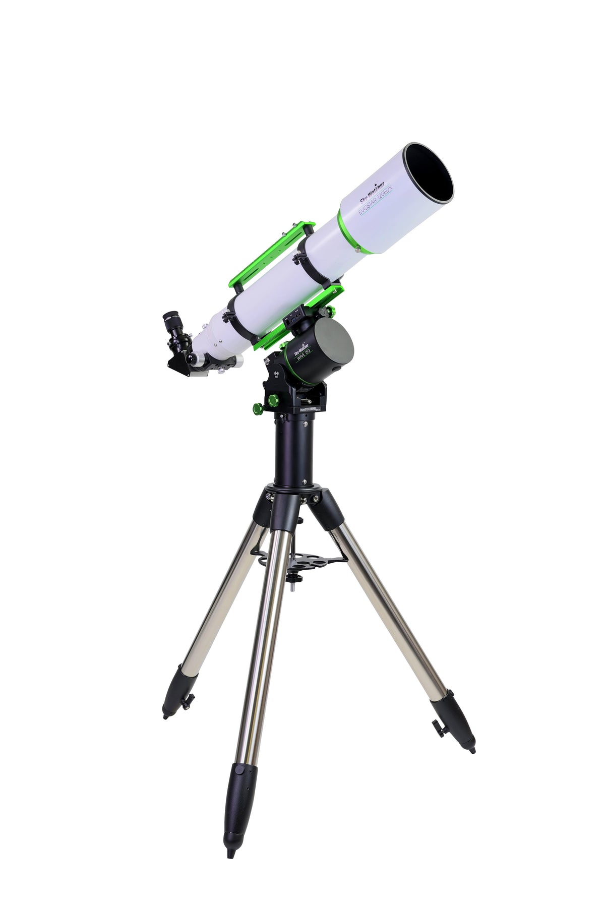 Sky-Watcher Evostar 120EDX 120mm APO doublet refractor with thread-on dew shield extended, right front view, for observing and imaging