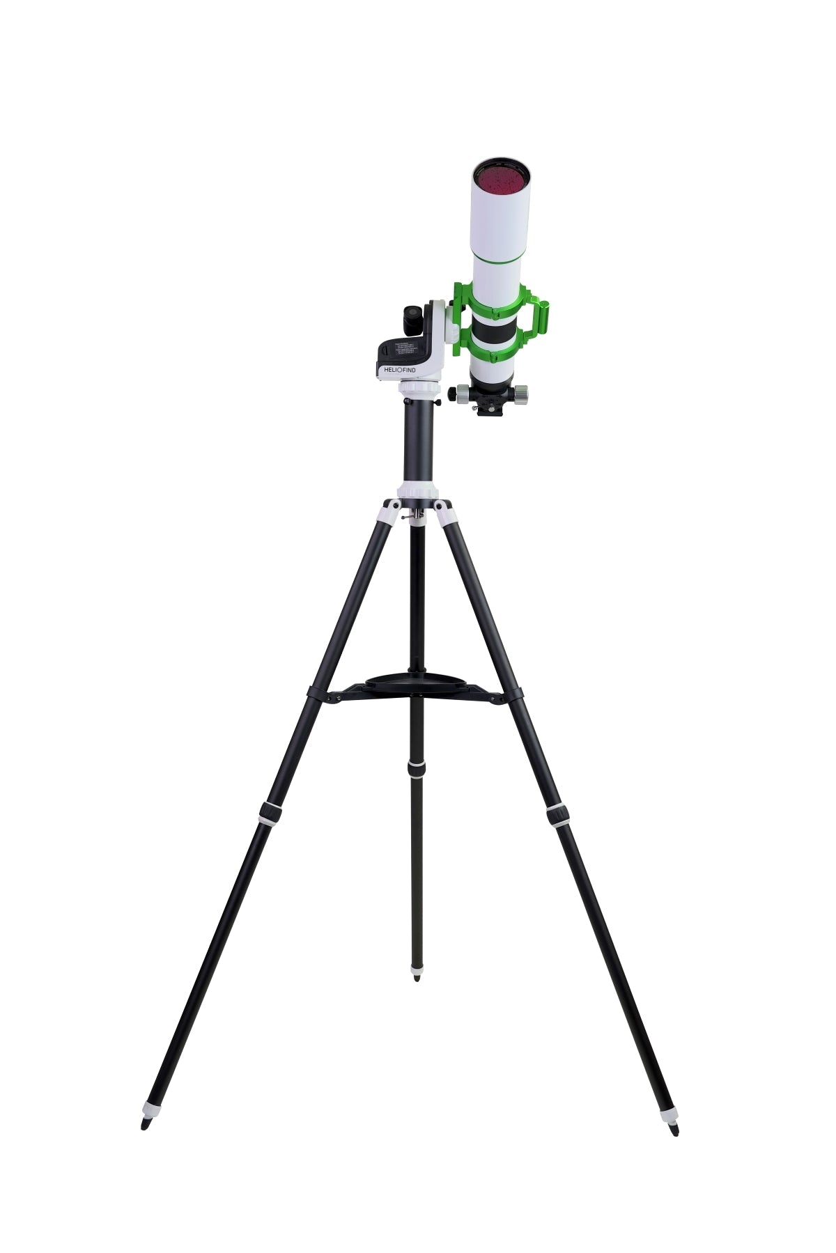 Sky-Watcher Heliostar 76 H-alpha solar telescope with SolarQuest mount kit, front view, dedicated solar telescope package