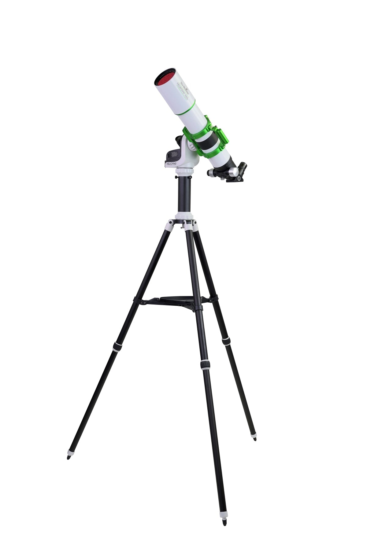 Sky-Watcher Heliostar 76 hydrogen-alpha solar telescope on the SolarQuest tracking mount and tripod, complete kit, left front view, for solar observing and imaging