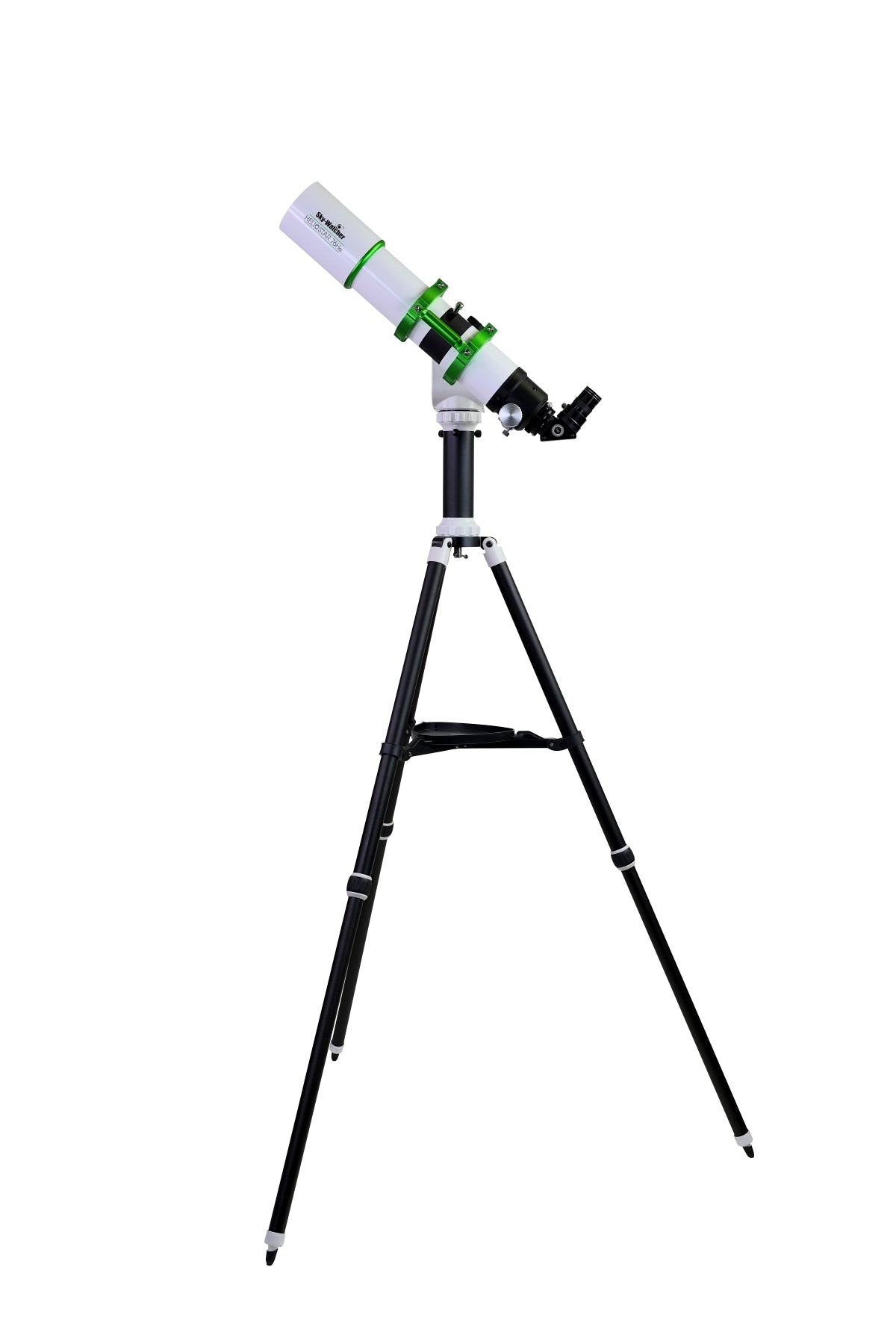 Sky-Watcher Heliostar 76 H-alpha solar telescope on SolarQuest mount and tripod, left side profile, complete solar telescope kit