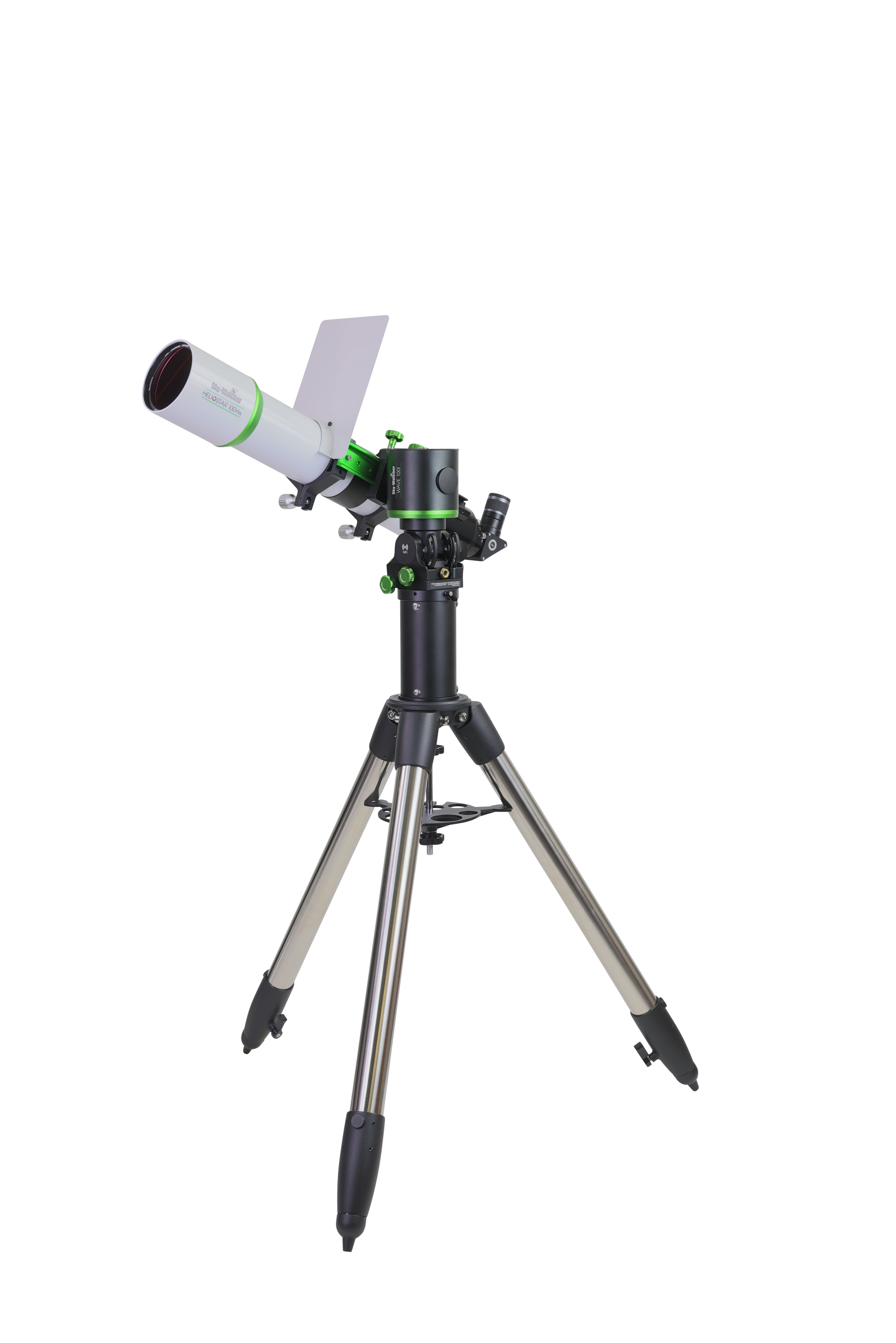 Sky-Watcher Heliostar 100 H-alpha solar telescope on Wave 100i mount in Alt-Az mode, left front view, hydrogen-alpha solar telescope kit