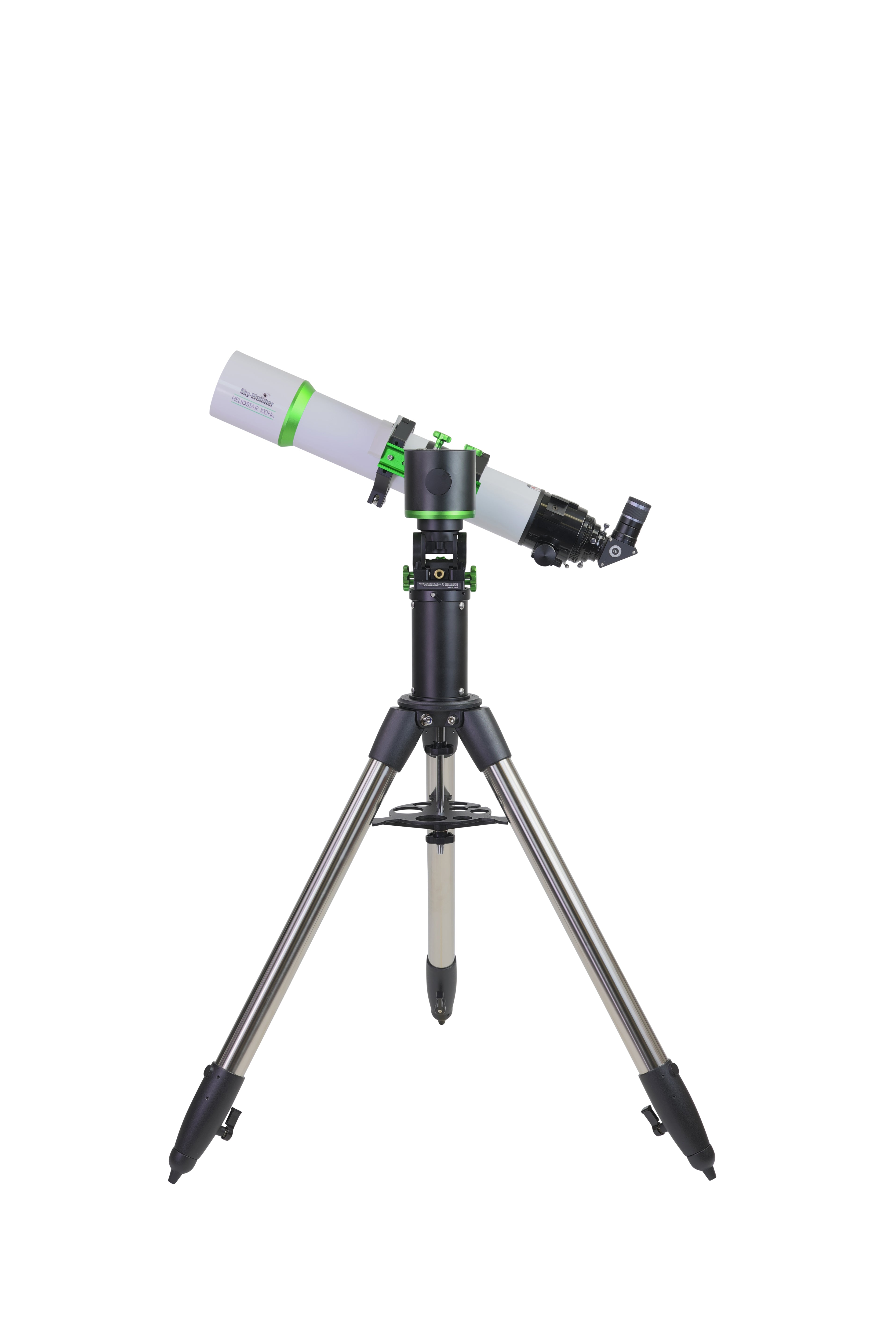 Sky-Watcher Heliostar 100 H-alpha solar telescope on Wave 100i mount in Alt-Az mode, left side profile, hydrogen-alpha solar observing setup