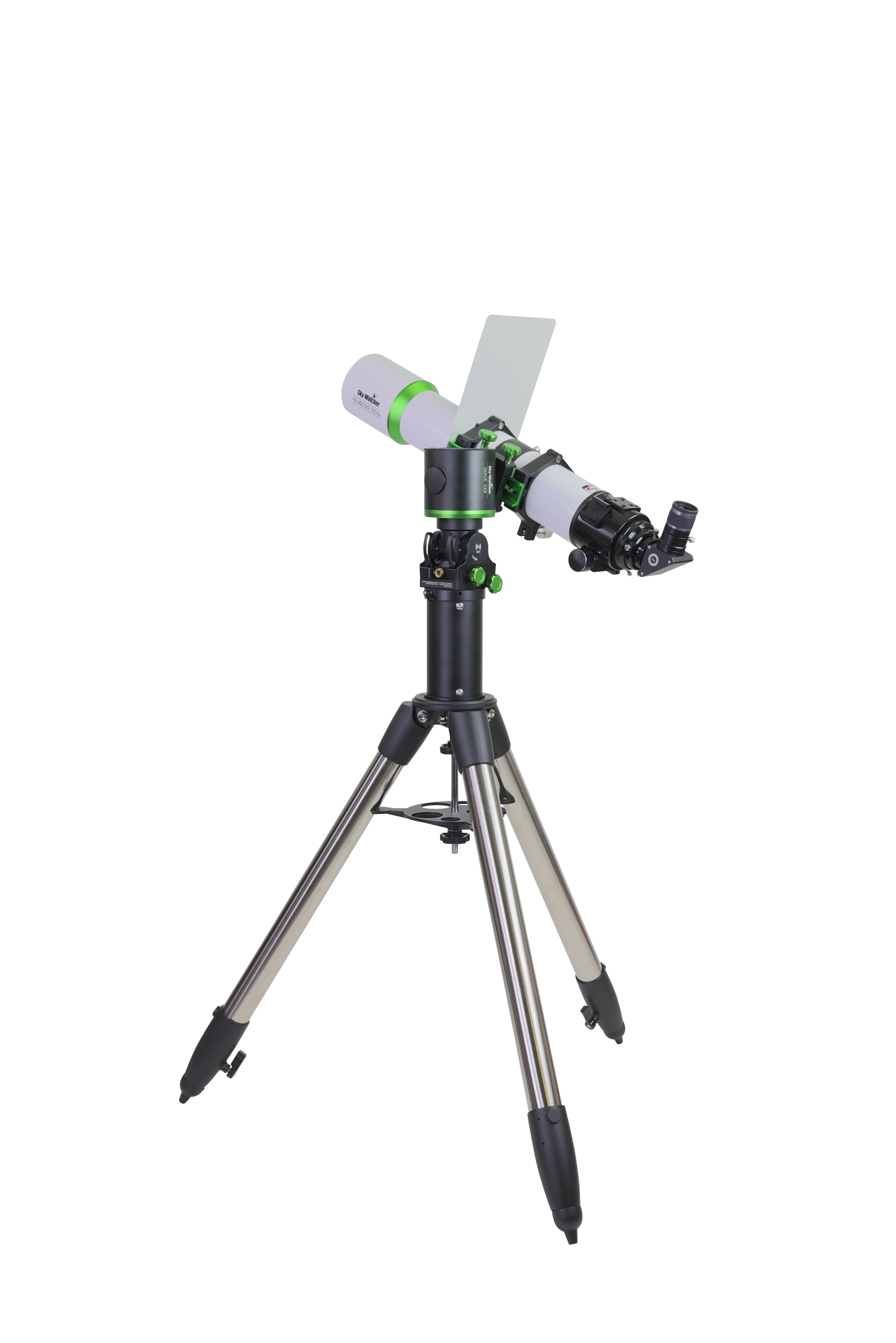 Sky-Watcher Heliostar 100 H-alpha solar telescope on Wave 100i mount in Alt-Az mode, left rear view, solar observing kit