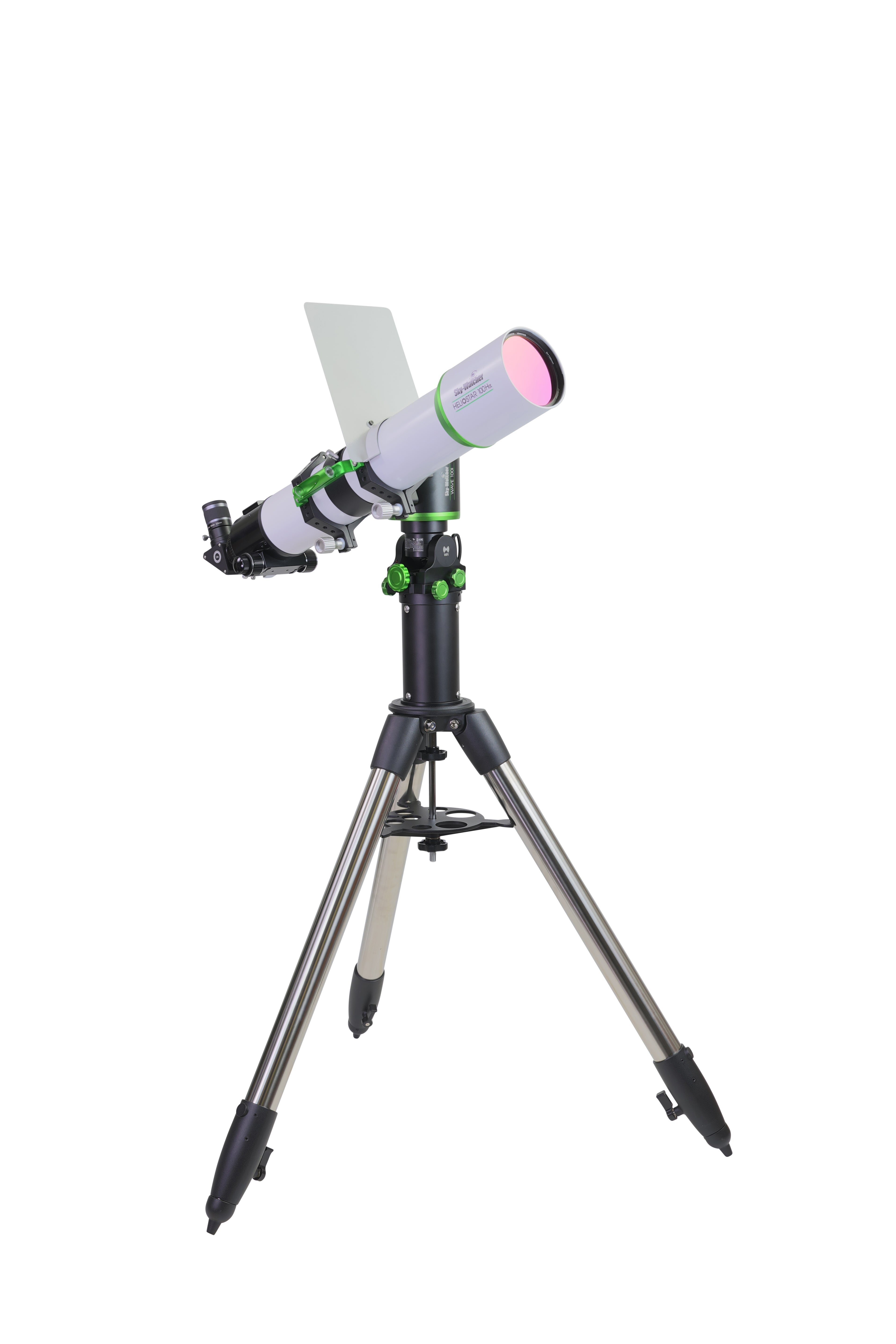Sky-Watcher Heliostar 100 hydrogen-alpha solar telescope on the Wave 100i strain-wave mount in Alt-Az configuration, complete kit, right front view, for solar observing and imaging