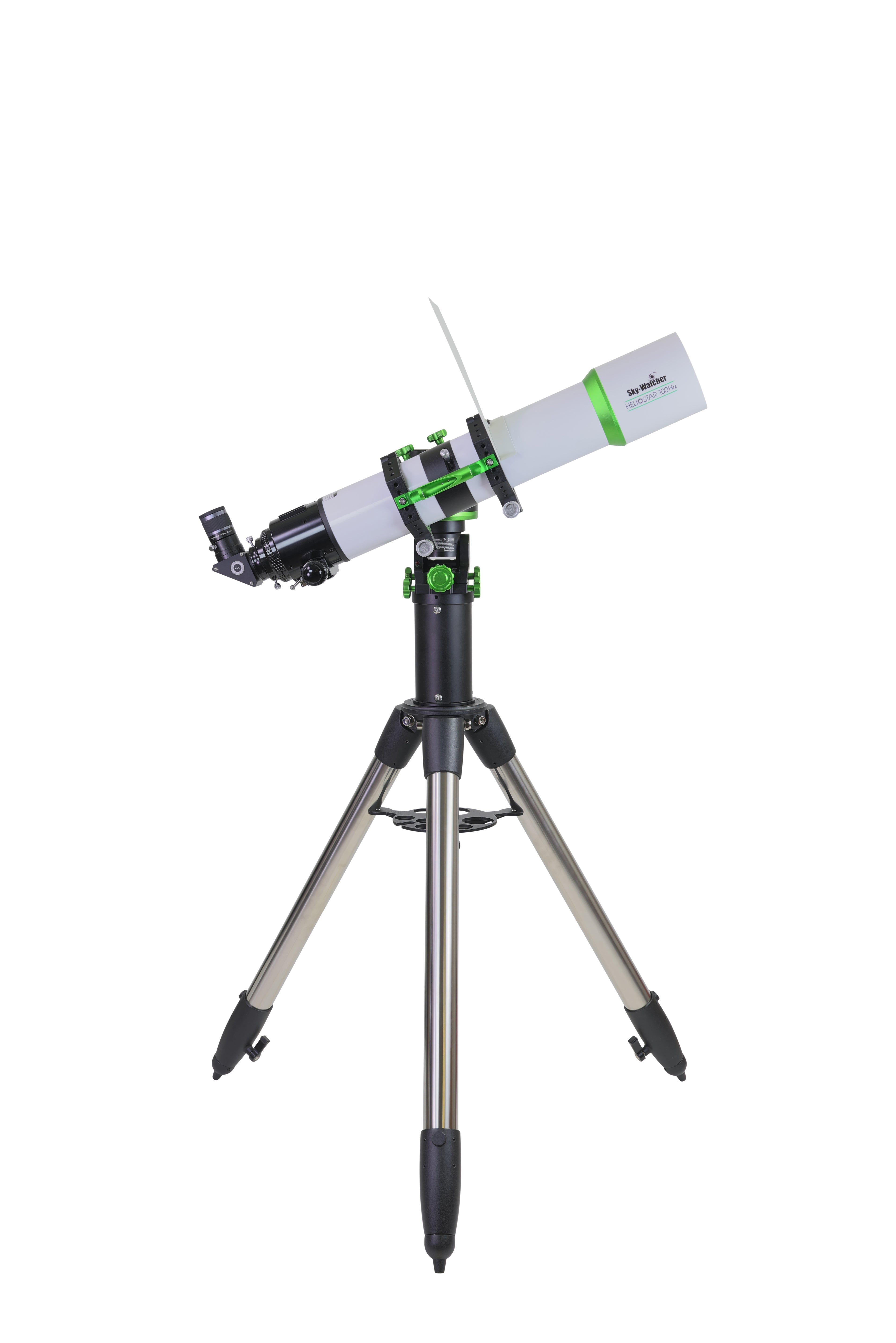 Sky-Watcher Heliostar 100 H-alpha solar telescope on Wave 100i mount in Alt-Az mode, right side profile, solar telescope and mount kit