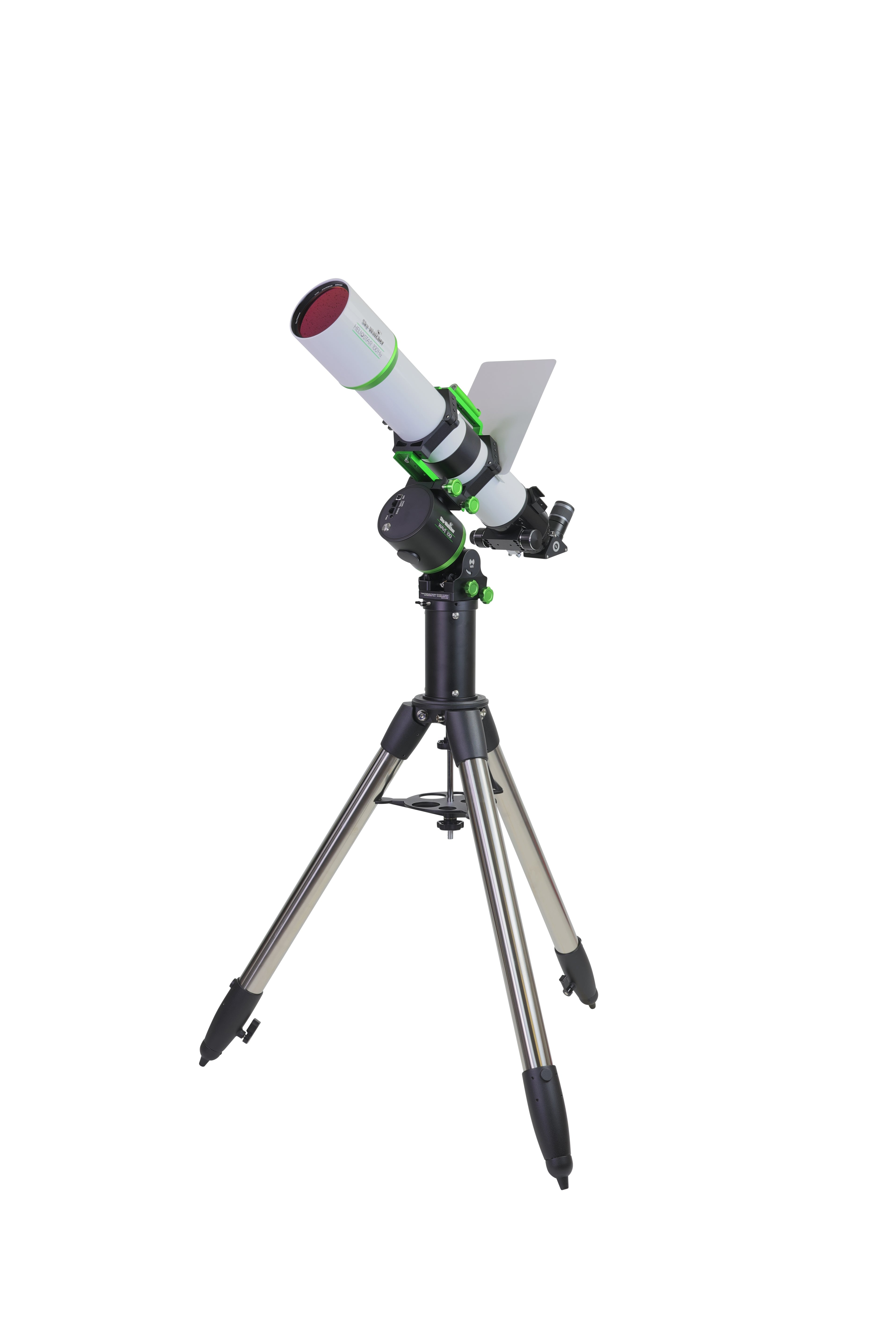 Sky-Watcher Heliostar 100 H-alpha solar telescope with Wave 100i strain-wave GoTo mount, left front view, high-resolution solar imaging kit