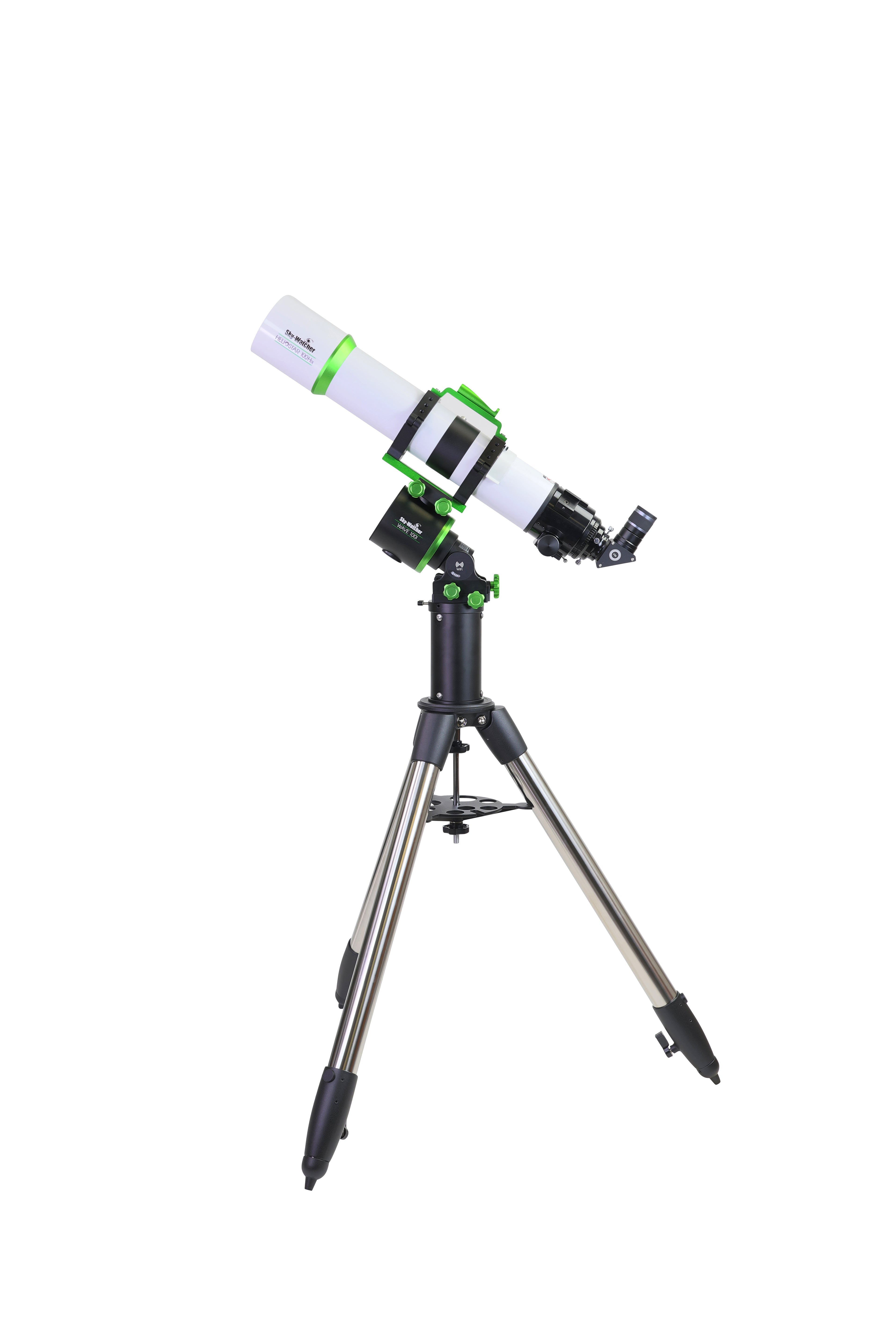 Sky-Watcher Heliostar 100 H-alpha solar telescope on Wave 100i harmonic mount, left side profile showing the 2.8-inch dual-speed focuser, solar imaging kit