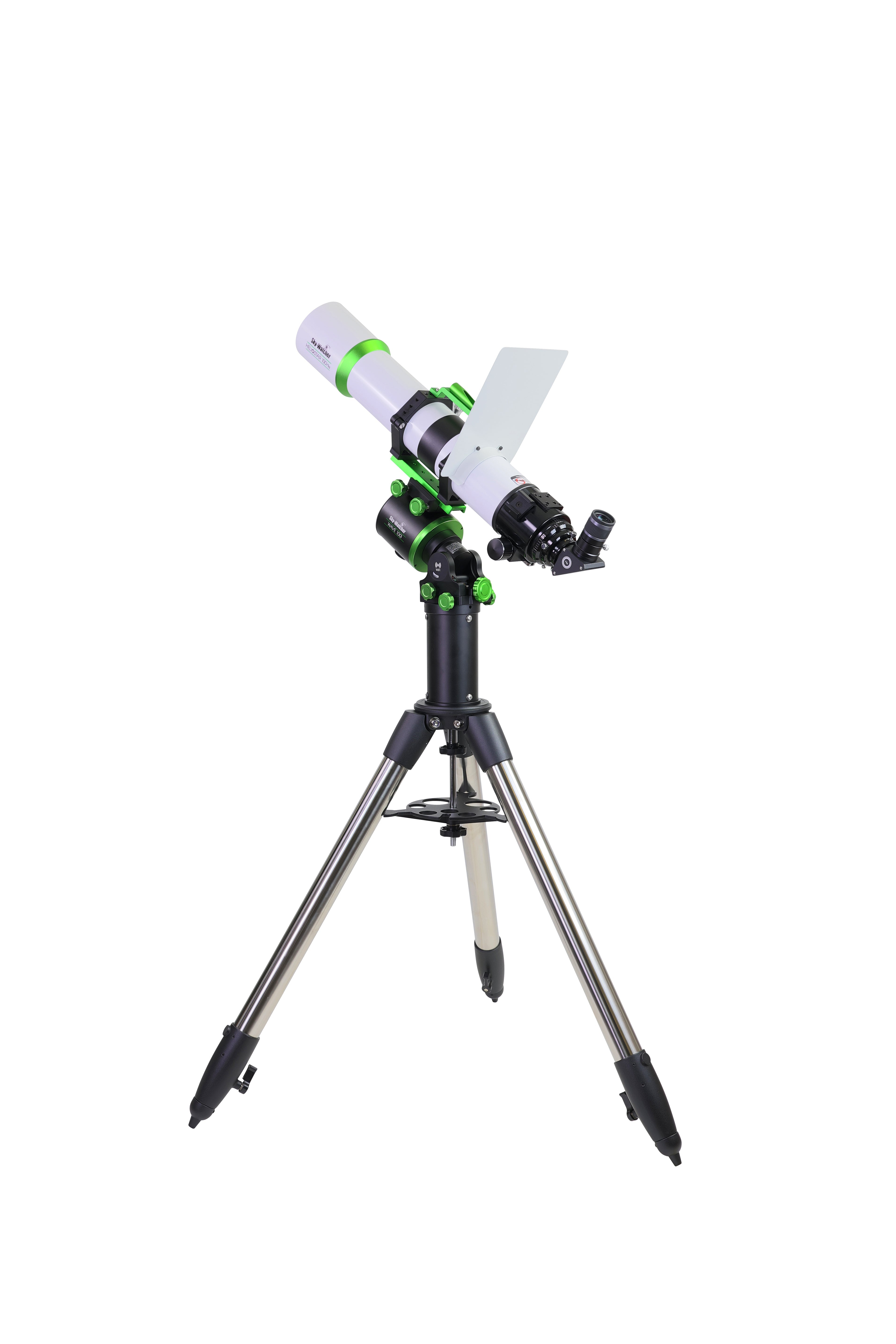 Sky-Watcher Heliostar 100 H-alpha solar telescope with Wave 100i mount, left rear view of the blocking-filter diagonal and mount controls