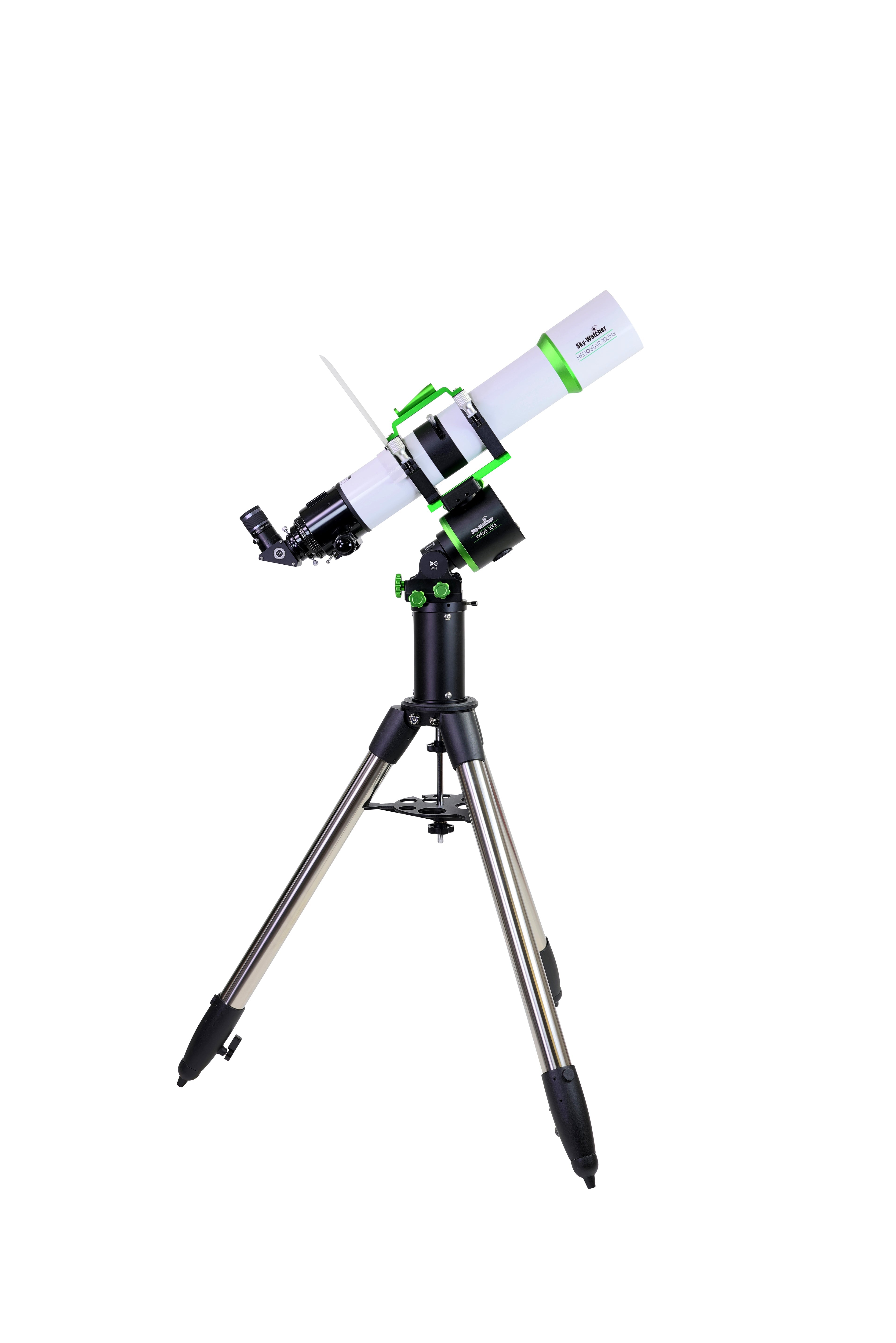 Sky-Watcher Heliostar 100 H-alpha solar telescope with Wave 100i strain-wave mount, right side profile, complete solar telescope kit