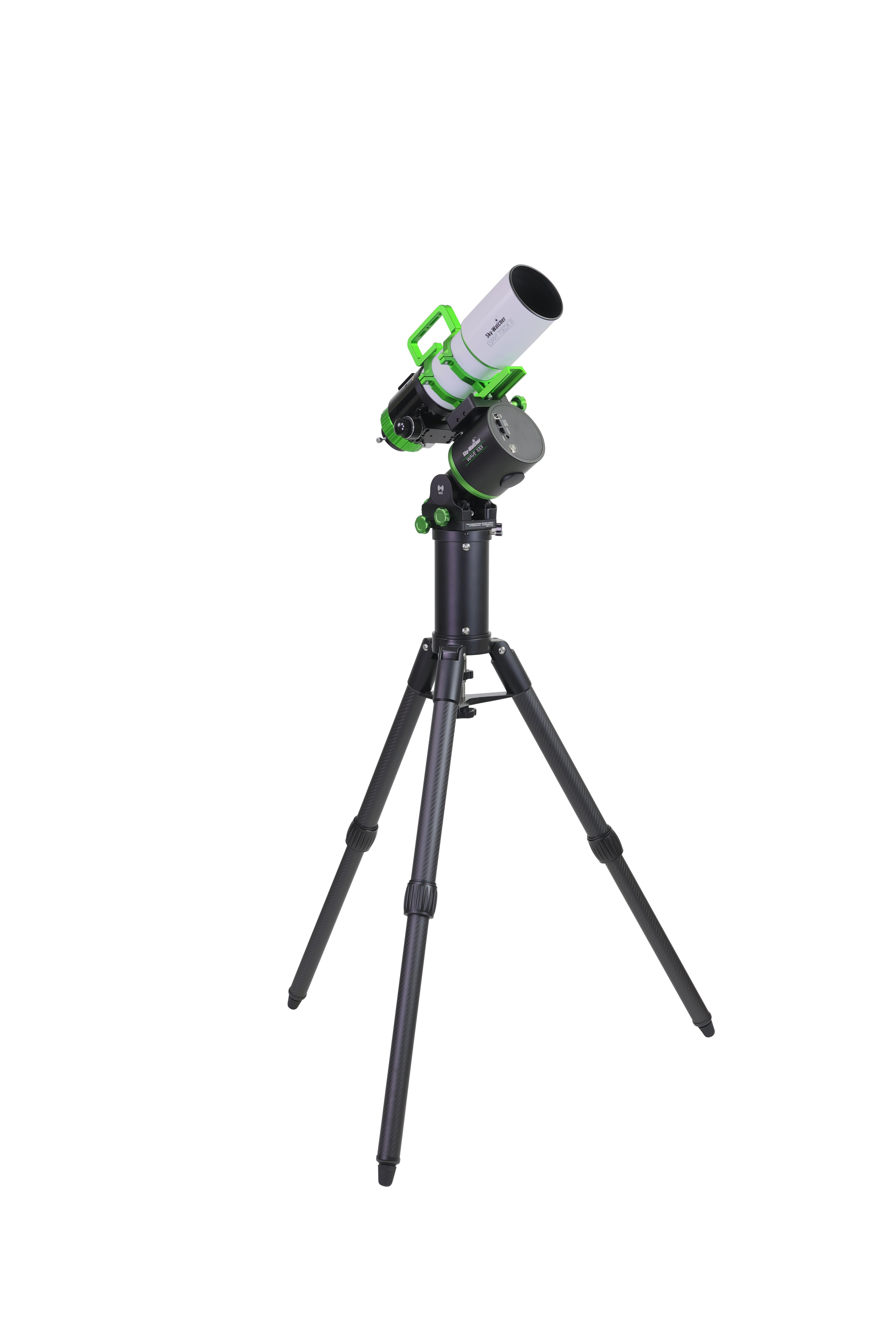 Sky-Watcher Esprit 70EDX triplet apo refractor with rings and dovetail, front right view, deep-sky imaging telescope