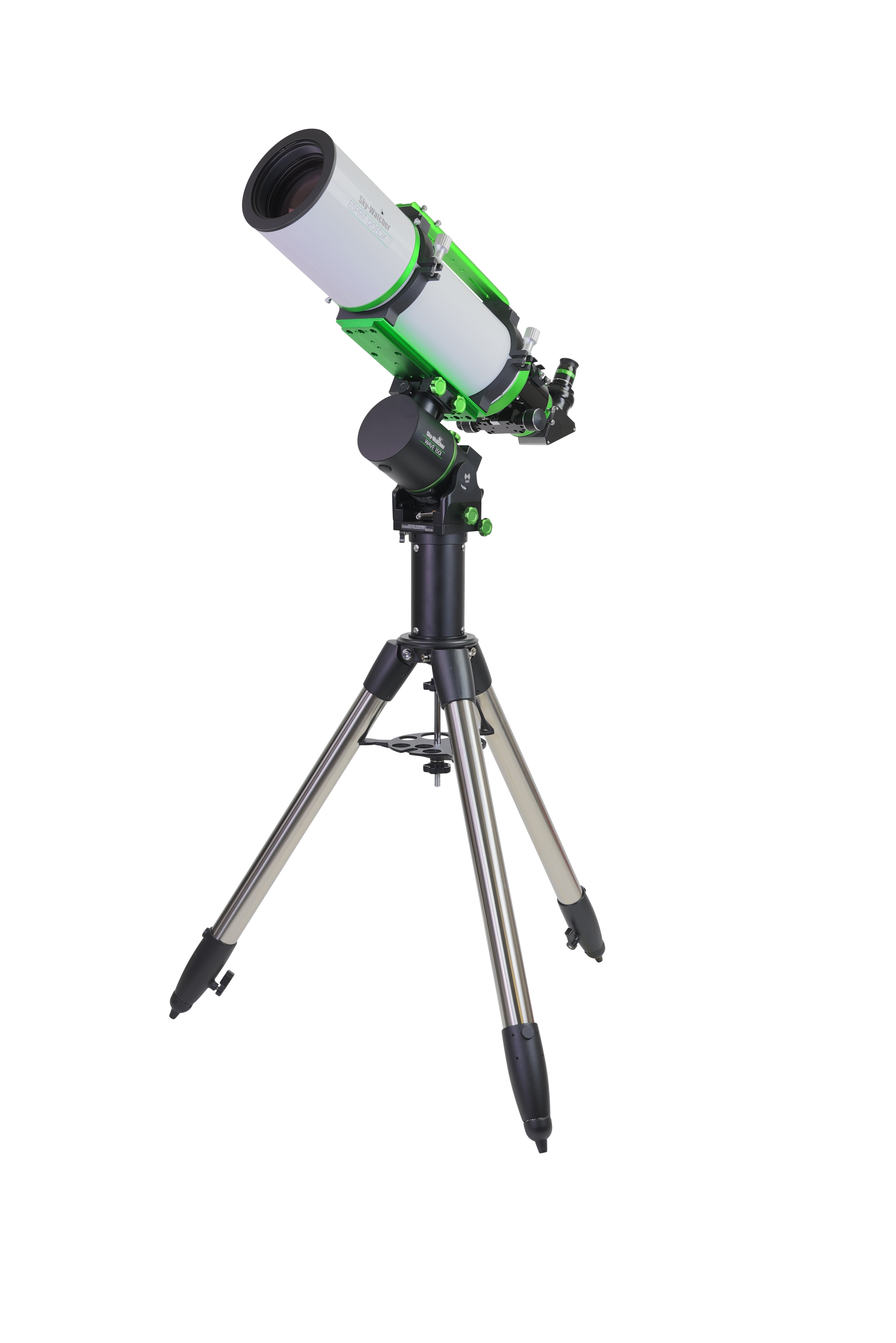 Sky-Watcher Esprit 120EDX triplet apo refractor with rings and Losmandy dovetail fitted, front left view, deep-sky imaging telescope