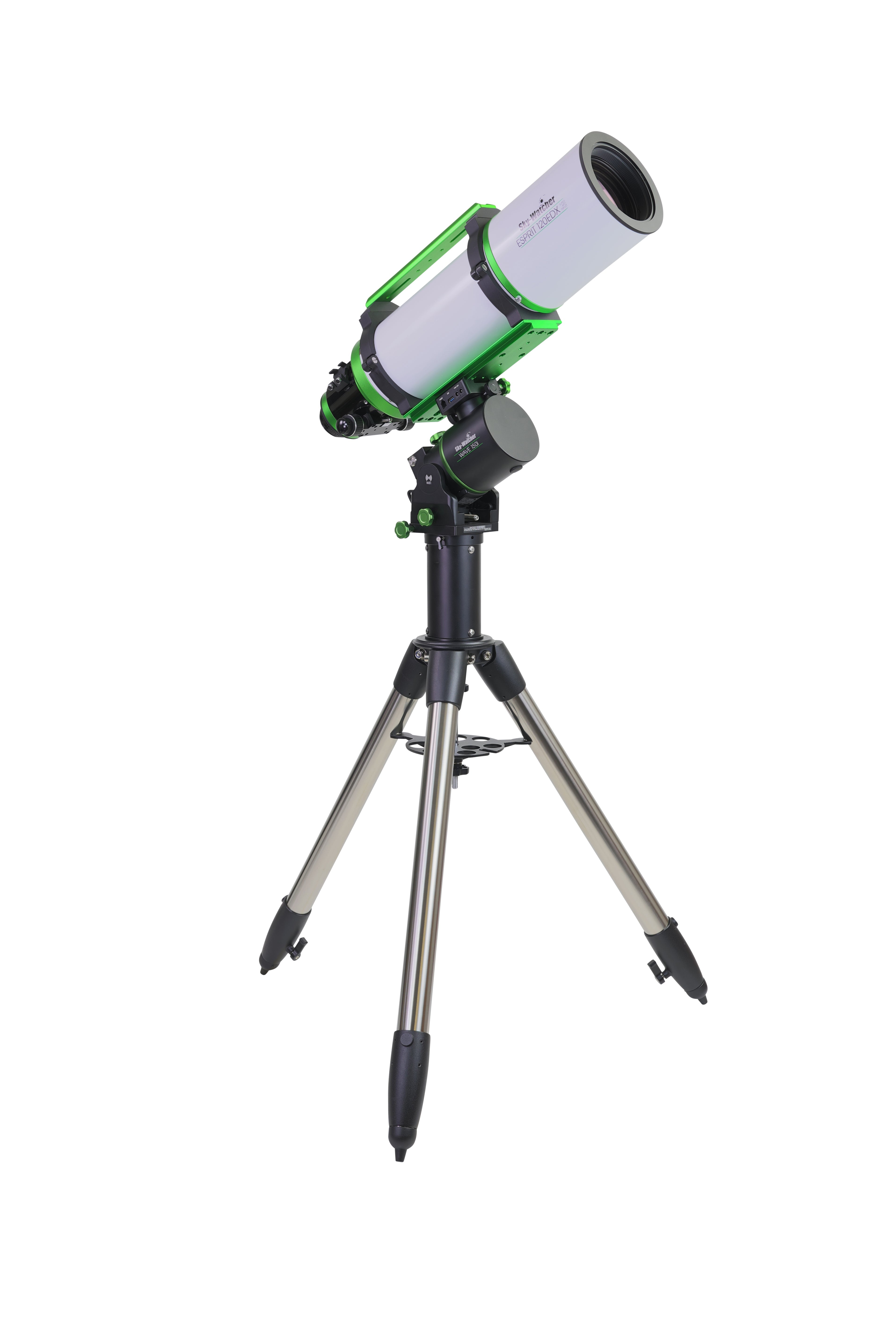 Sky-Watcher Esprit 120EDX triplet apo refractor with rings and dovetail, right front view, astrophotography refractor