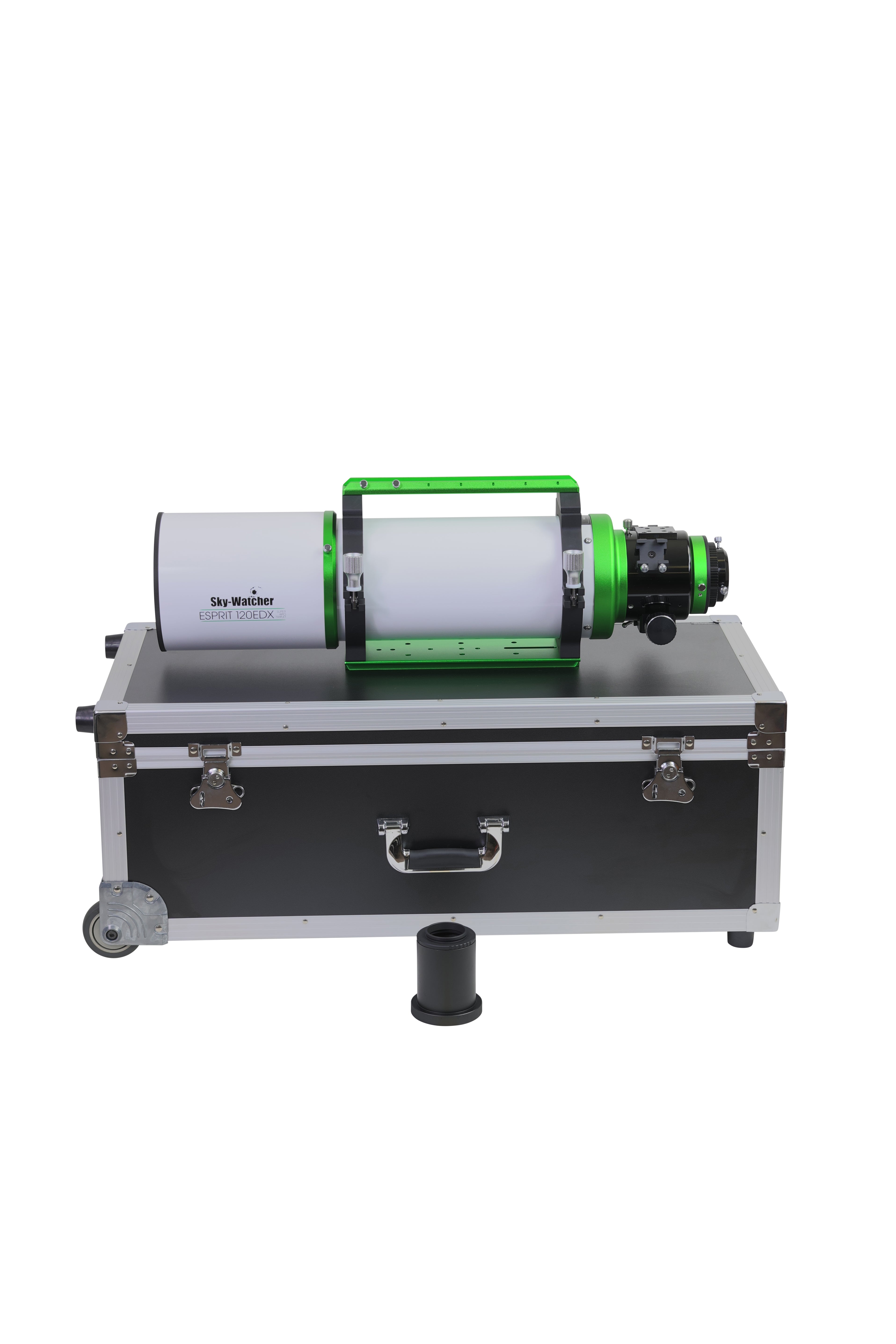 Sky-Watcher Esprit 120EDX triplet apo refractor shown with tube rings, D-style dovetail, accessory rail and hard case, astrophotography telescope package