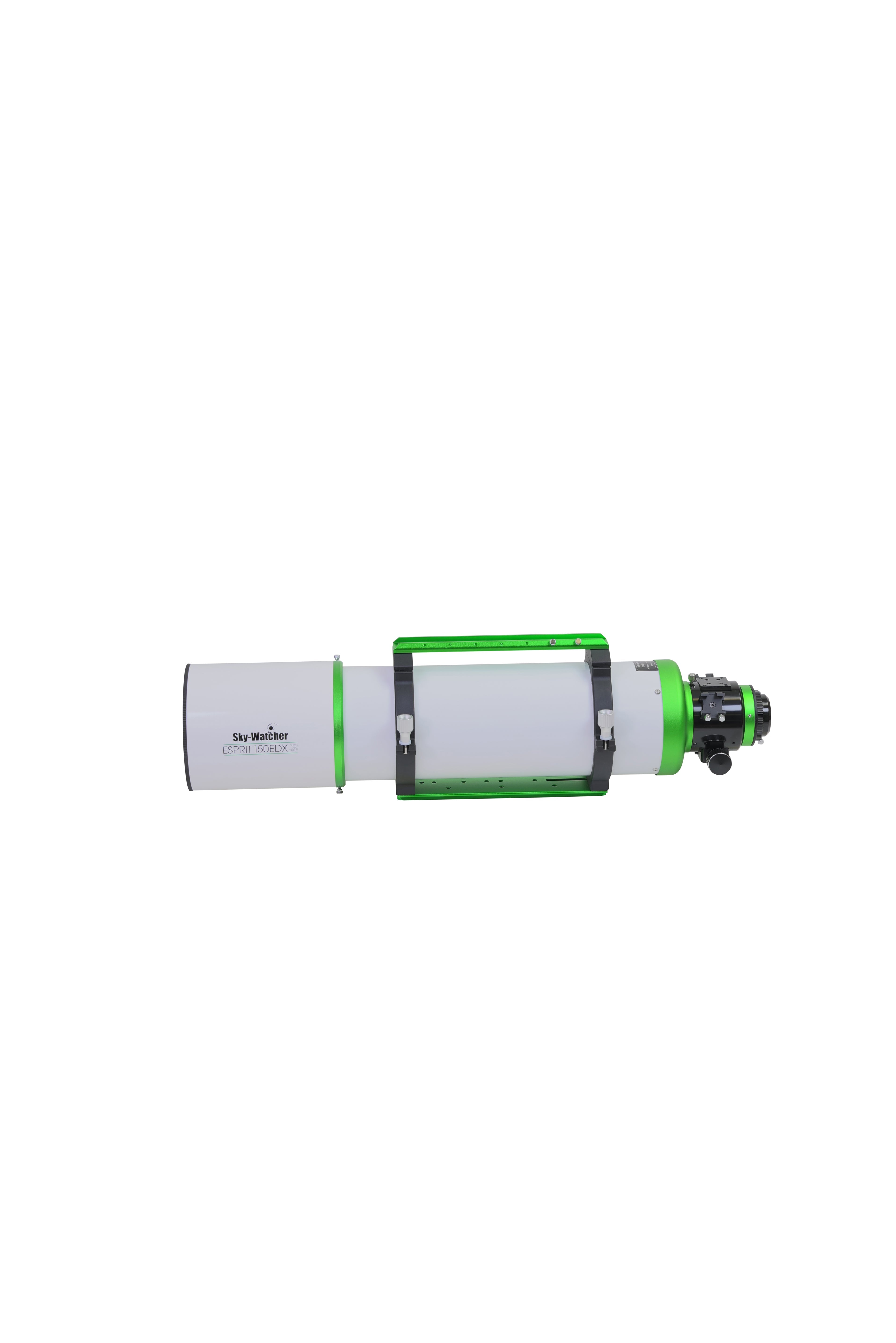 Sky-Watcher Esprit 150EDX triplet apochromatic refractor optical tube for astrophotography, left profile showing dew cap and rotatable dual-speed focuser