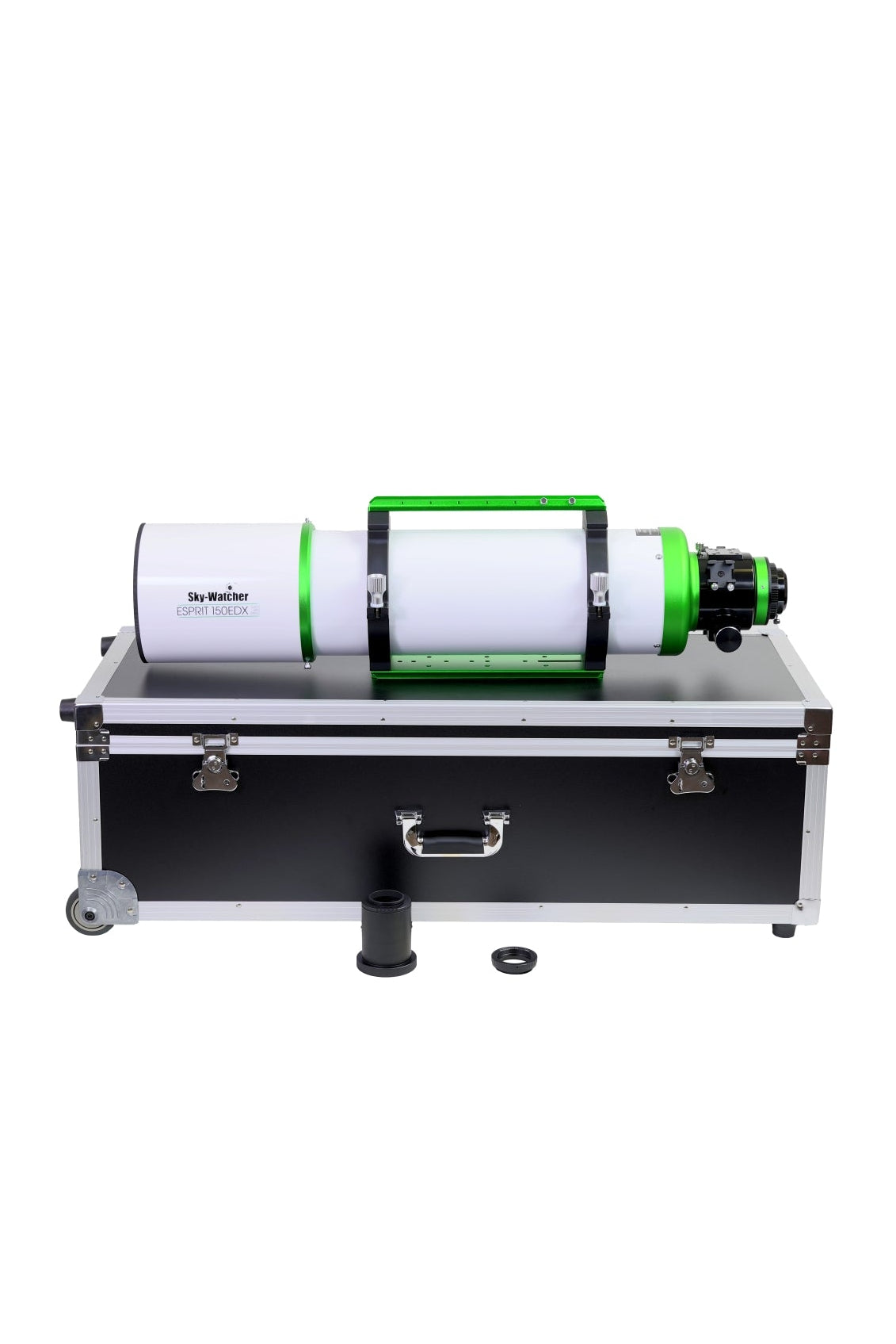 Sky-Watcher Esprit 150EDX triplet refractor OTA shown with included mounting rings, dovetail plate, camera adapter and foam-lined hard case