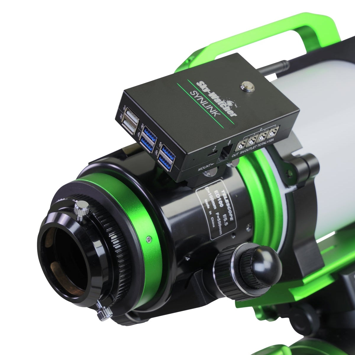 Sky-Watcher SynLink Universal Astroimaging Controller mounted on a telescope, rear right view, for deep-sky astrophotography