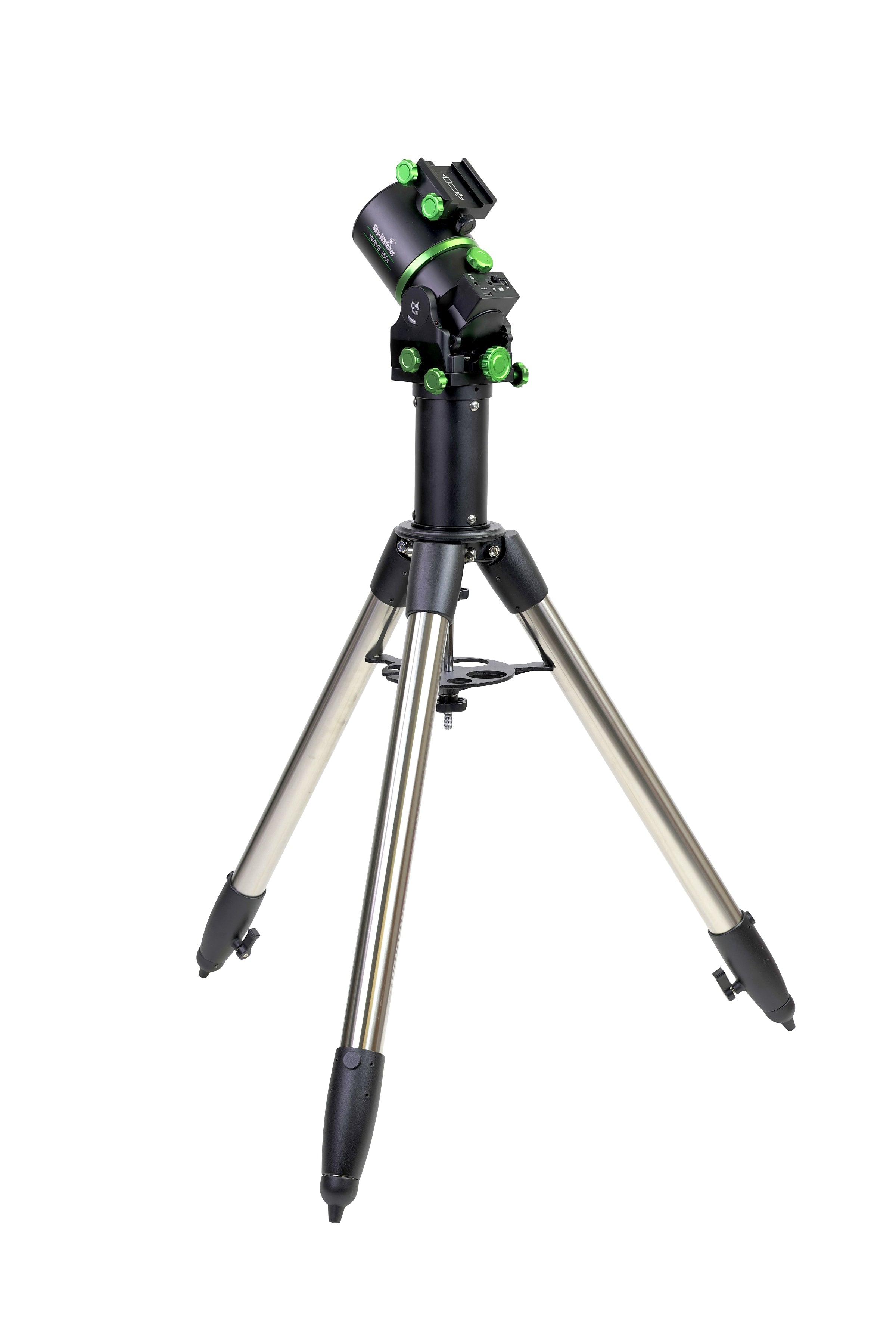 Sky-Watcher Wave 150i Pro mount kit with steel EQ6 tripod and pier extension, rear view showing RA cable hub, for astrophotography