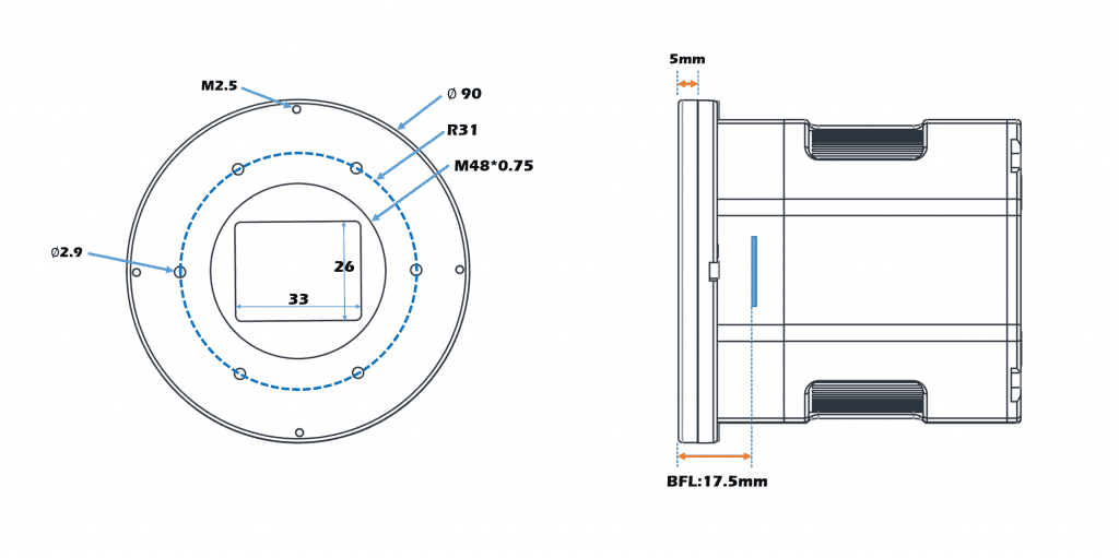 Player One Astronomy Poseidon-M Pro cooled camera internal structure drawing