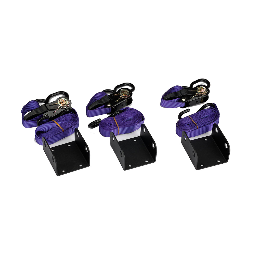 JMI Wheeley Bar Tie-Down Bracket Kit steel brackets and heavy-duty ratchet strap as supplied