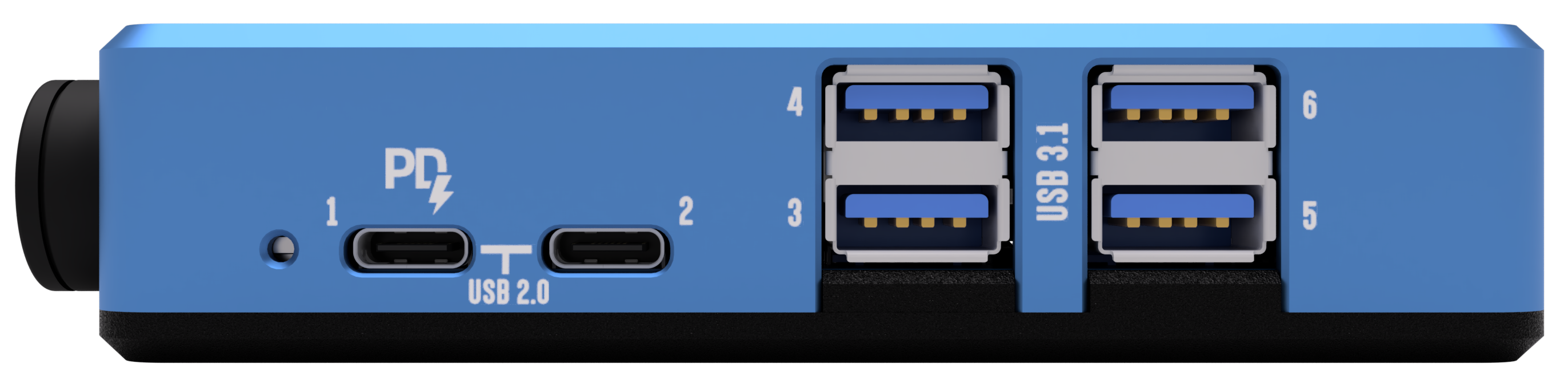Pegasus Astro Pocket Powerbox Advance Gen3 USB3 panel showing four USB3 Type-A and two USB2 Type-C ports for astrophotography camera and accessory connections