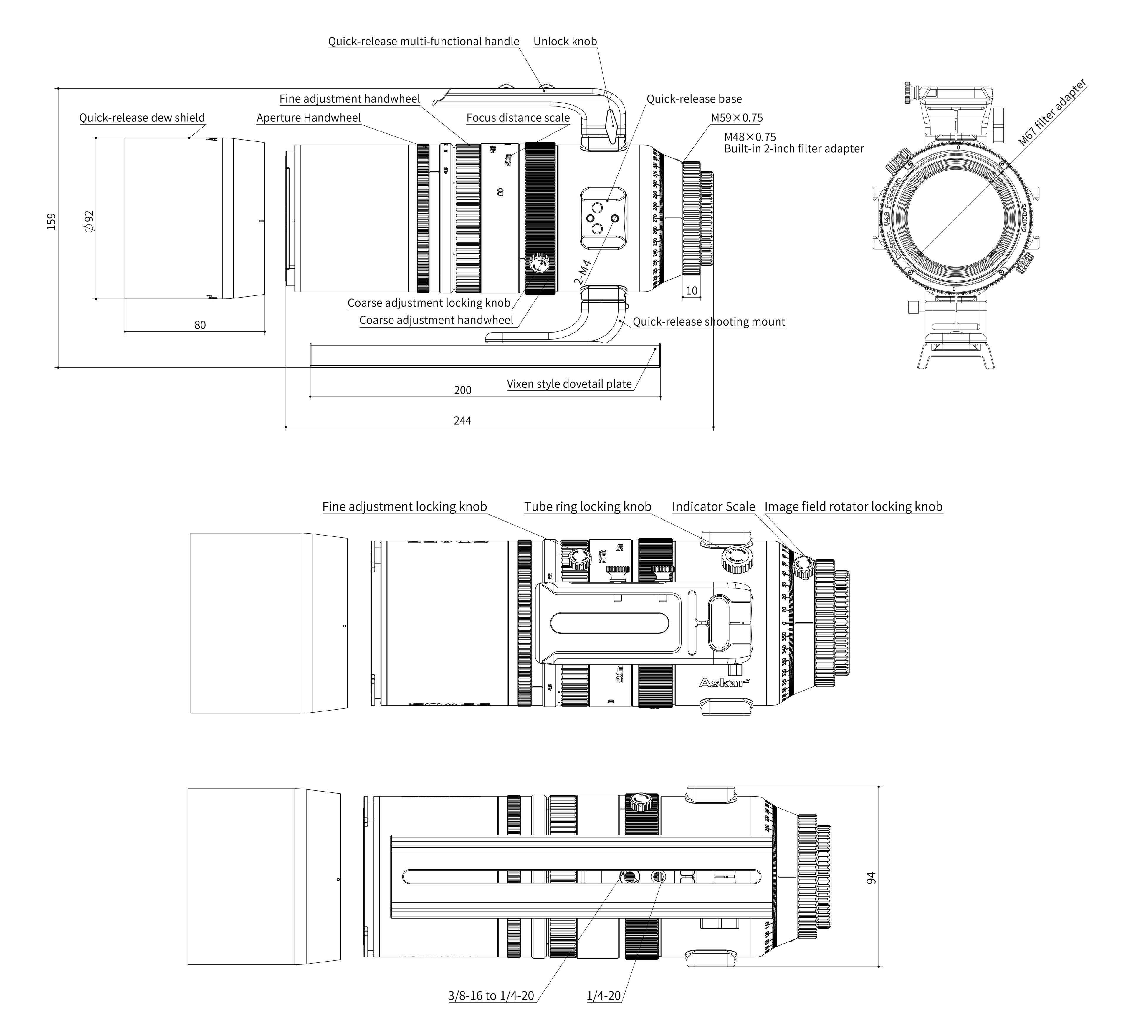 Askar SQA55 Product Size Diagram - mechanical dimensions and tube measurements