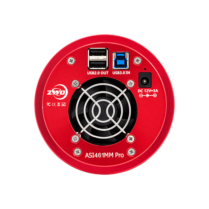 ZWO ASI461MM Pro monochrome astronomy camera rear view showing USB 3.0 and 12V DC power ports