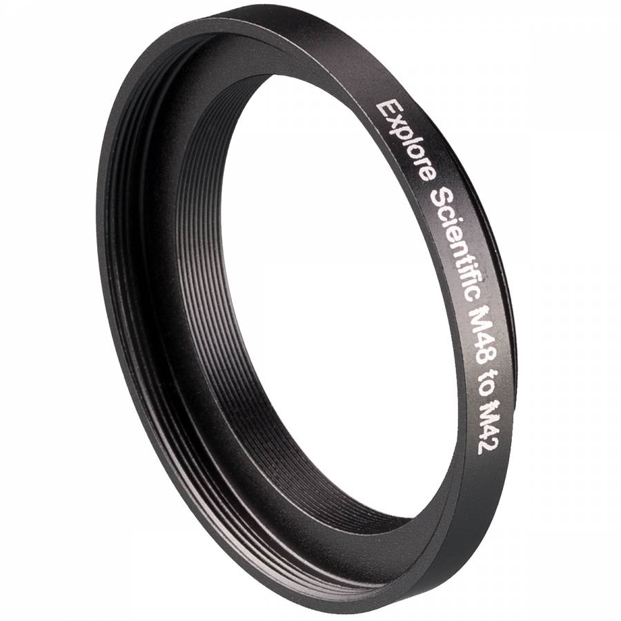 Explore Scientific T2 reduction adapter, a thin matte black anodised aluminium ring stepping an M48 x 0.75 thread down to M42 x 0.75