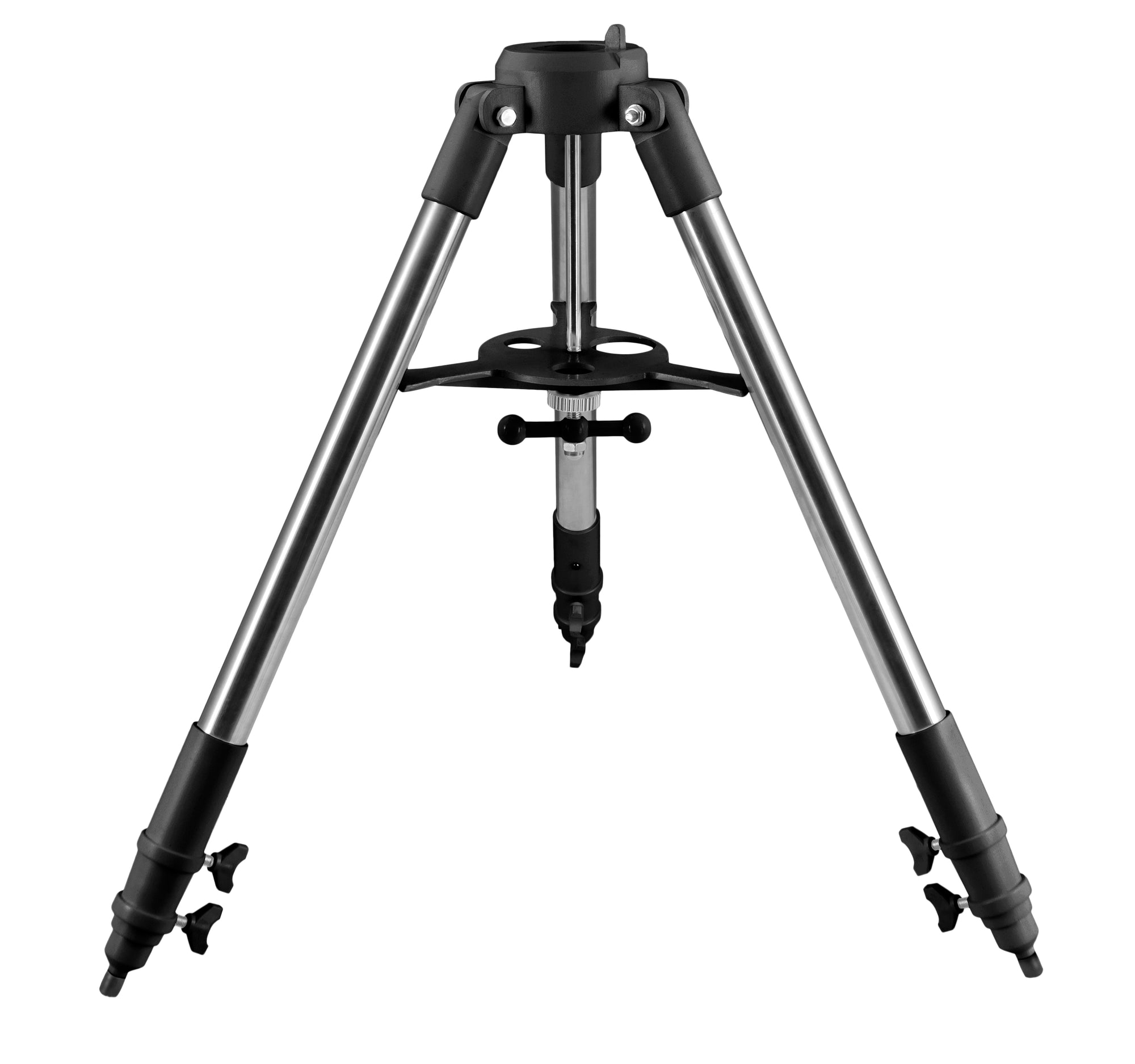 Detail view of the black tripod showing the 1.5 inch stainless steel legs, leg clamps and the threaded T-bar securing the spreader tray