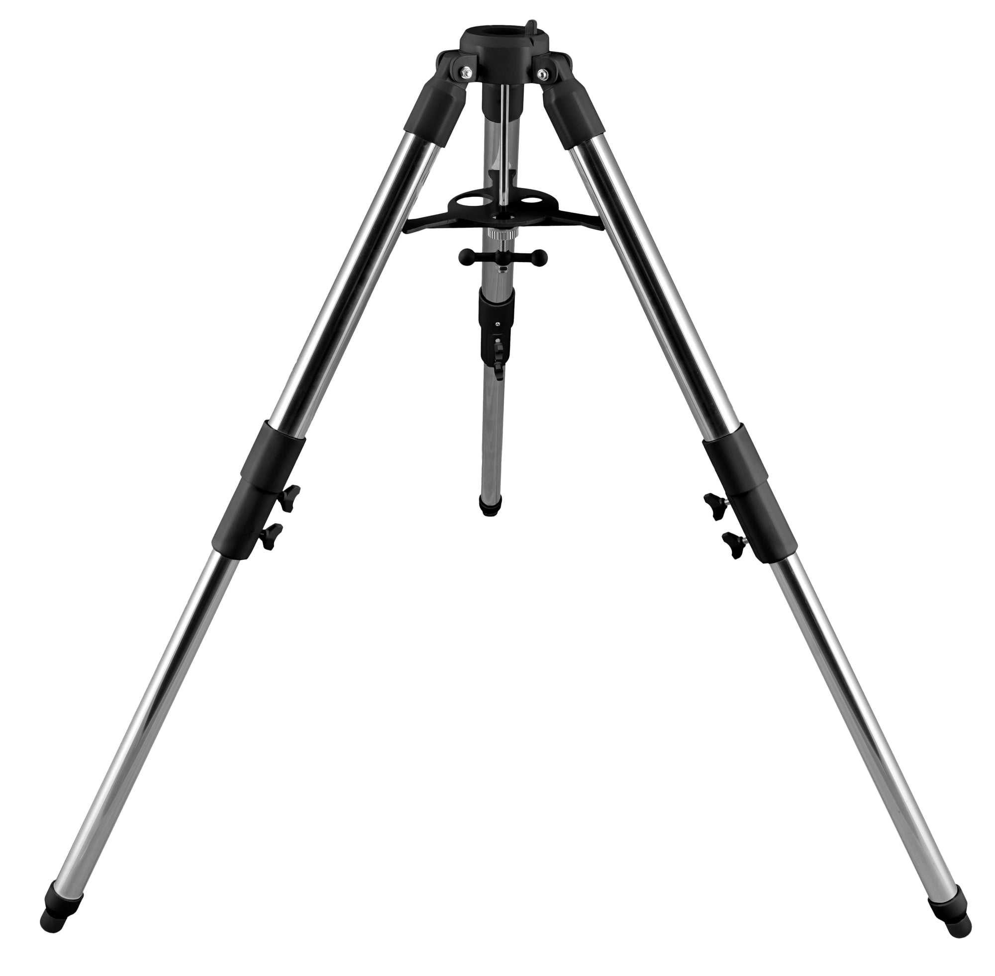 Explore Scientific Twilight Medium Duty Tripod in black, standing with legs spread and a die cast aluminium spreader tray fitted between them