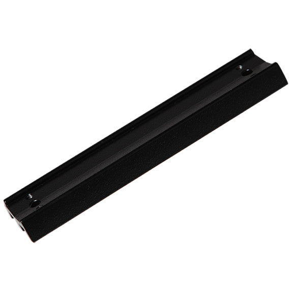 Black anodised aluminium Vixen-style dovetail saddle plate shown at an angle, with the tapered dovetail flanks running the full length of the bar.