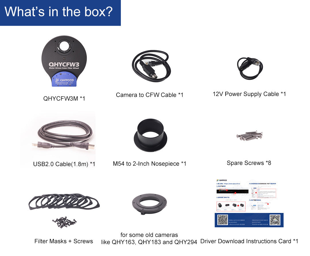 QHYCCD QHYCFW3M electronic filter wheel accessories and included parts