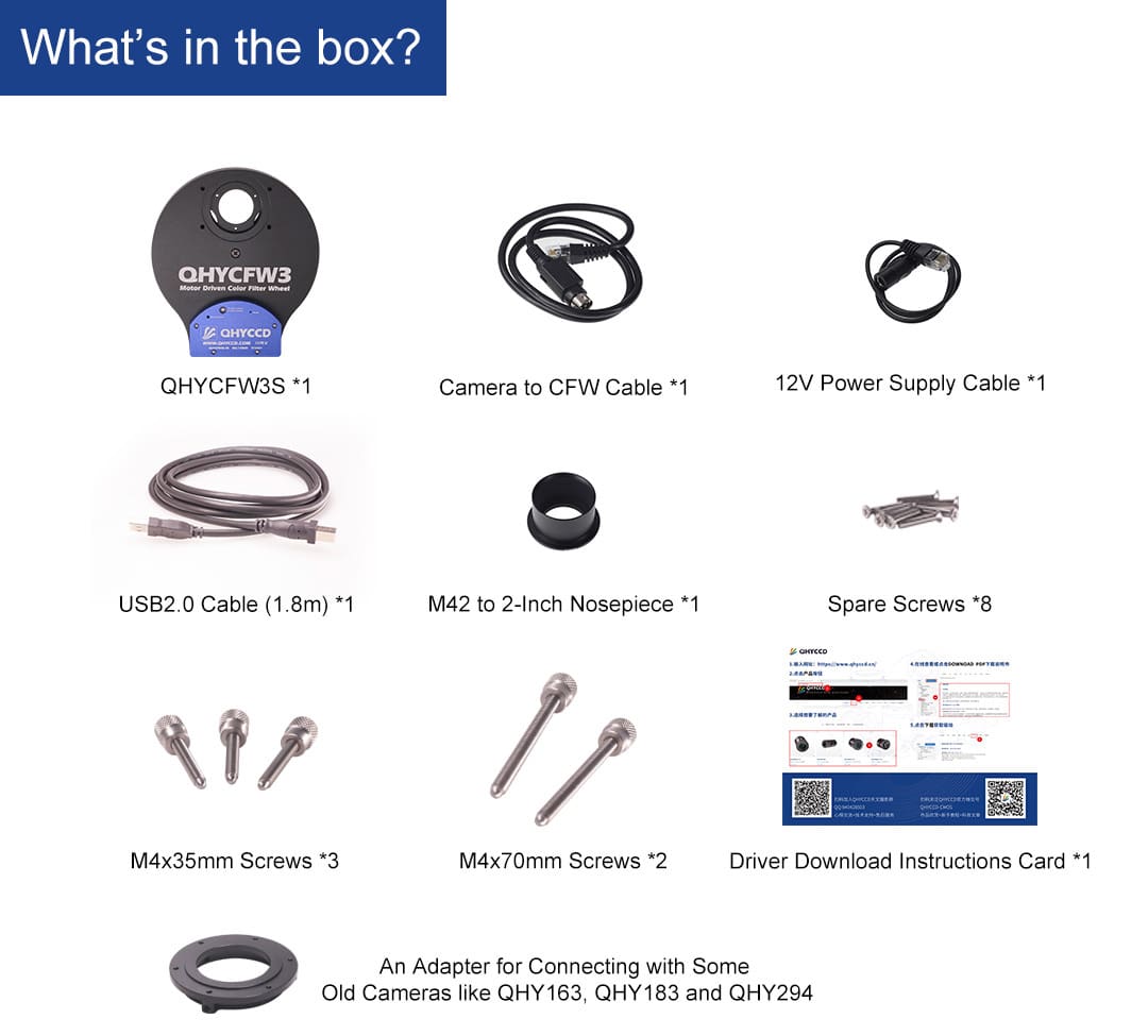 QHYCCD QHYCFW3S electronic filter wheel accessories and included parts