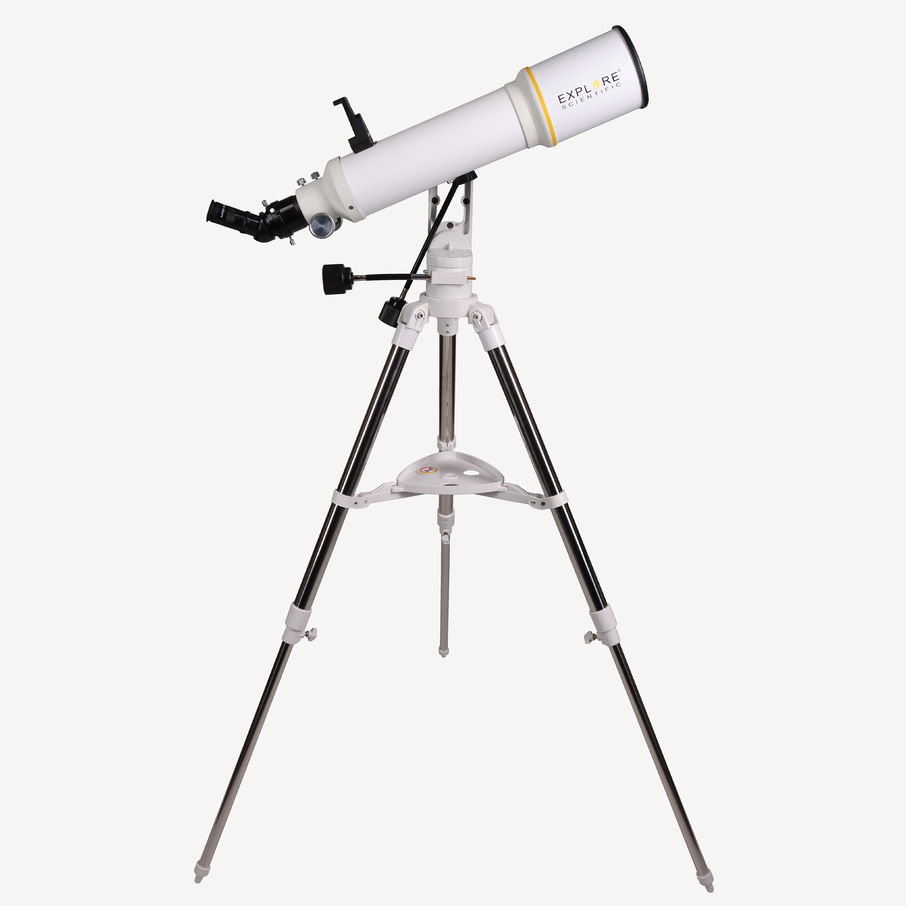 Explore Scientific Sidara Essential 102 refractor telescope tube on a black alt-azimuth mount head and metal tripod, shown against a plain background.