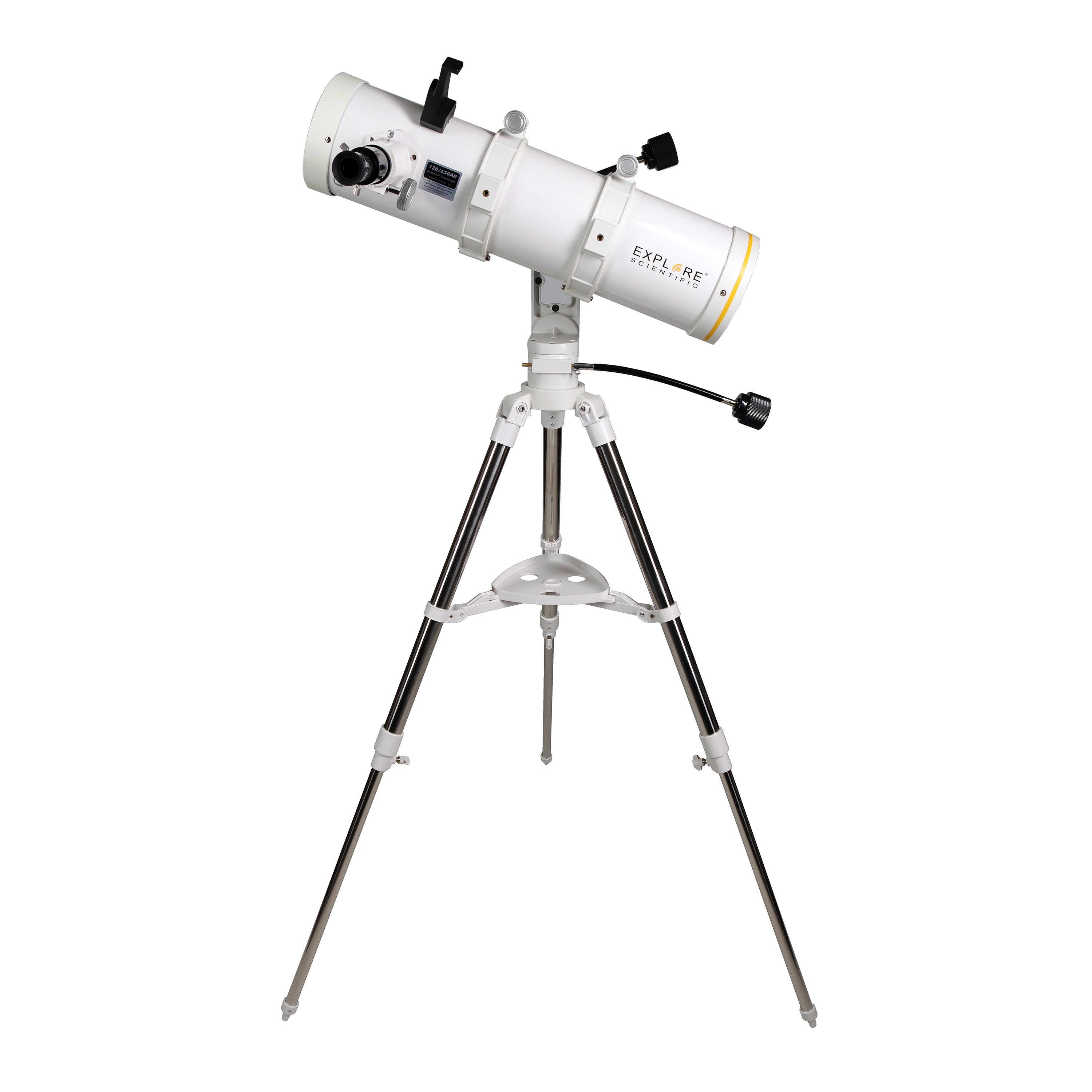 Explore Scientific Sidara Essential 130 Newtonian reflector telescope tube on a black alt-azimuth mount head and metal tripod, shown against a plain background.