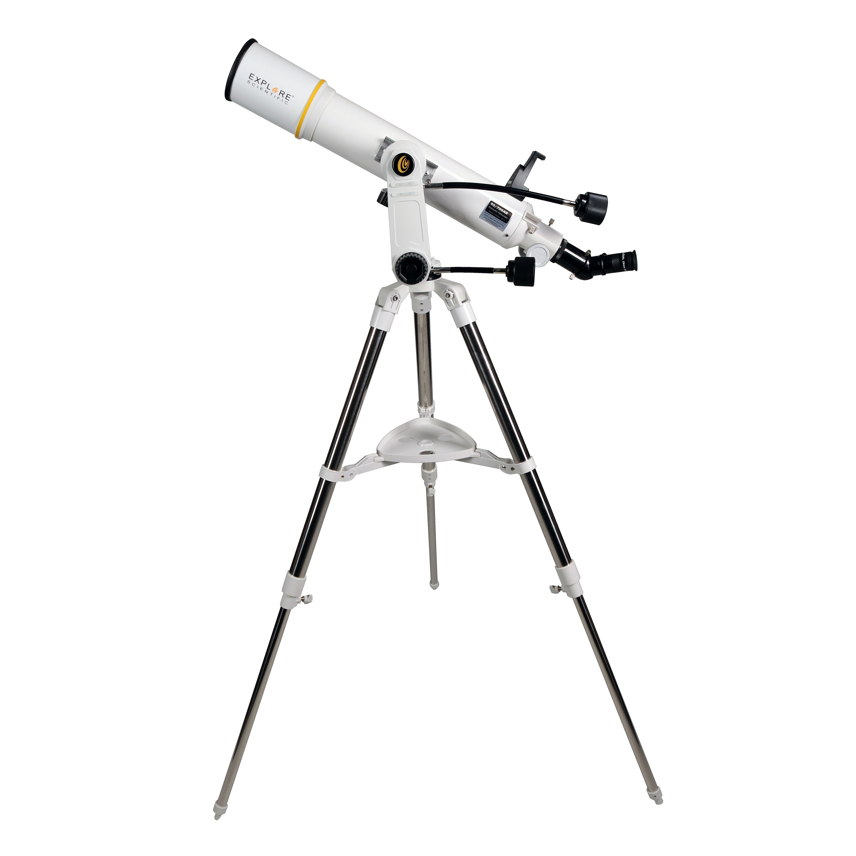 Explore Scientific Sidara Nano 90 refractor telescope tube on a compact black alt-azimuth mount head and metal tripod, shown against a plain background.