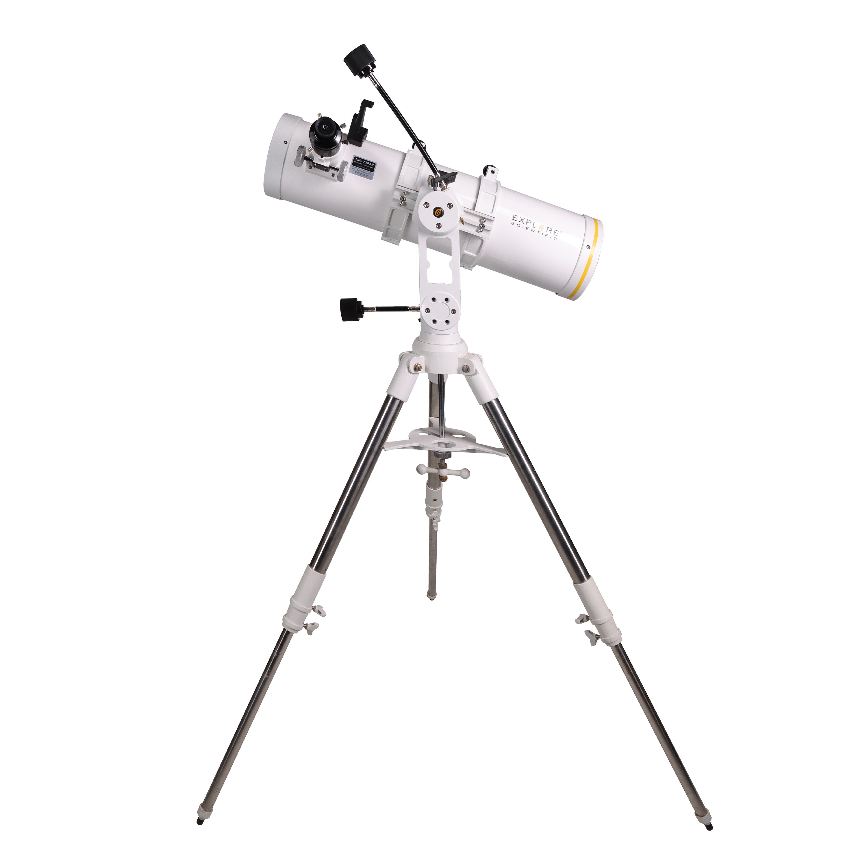 Explore Scientific Sidara Plus 150 Newtonian reflector telescope tube on a black alt-azimuth mount head and metal tripod, shown against a plain background.