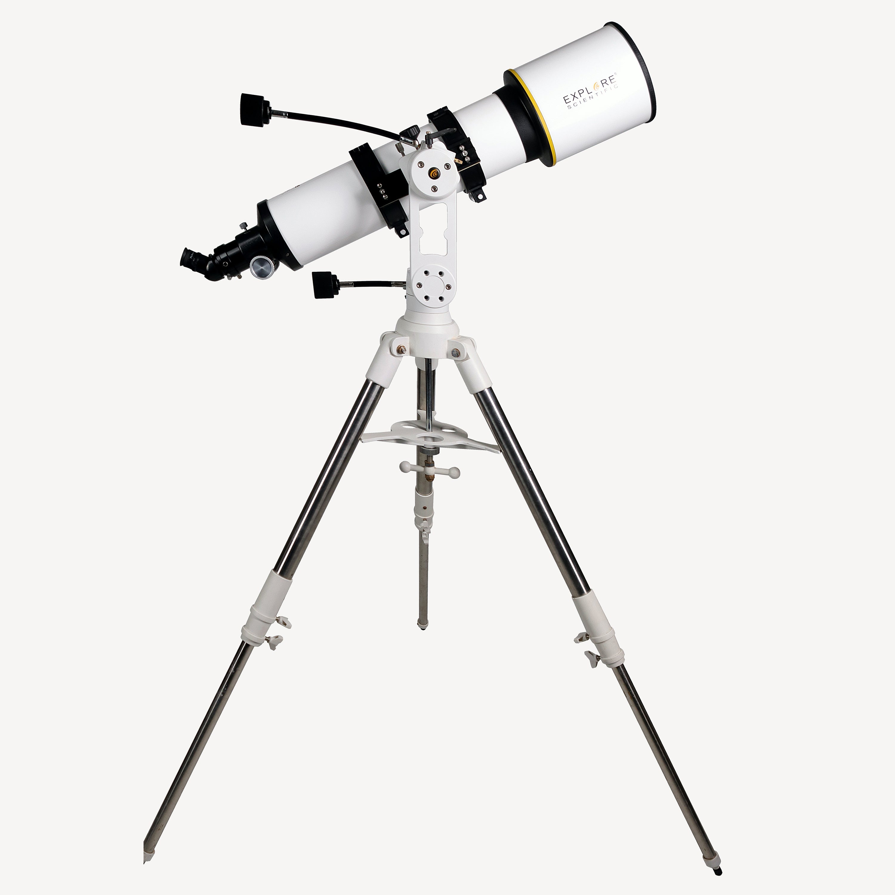 Explore Scientific Sidara Plus 127 white refractor telescope tube on a black alt-azimuth mount head and metal tripod, shown against a plain background.