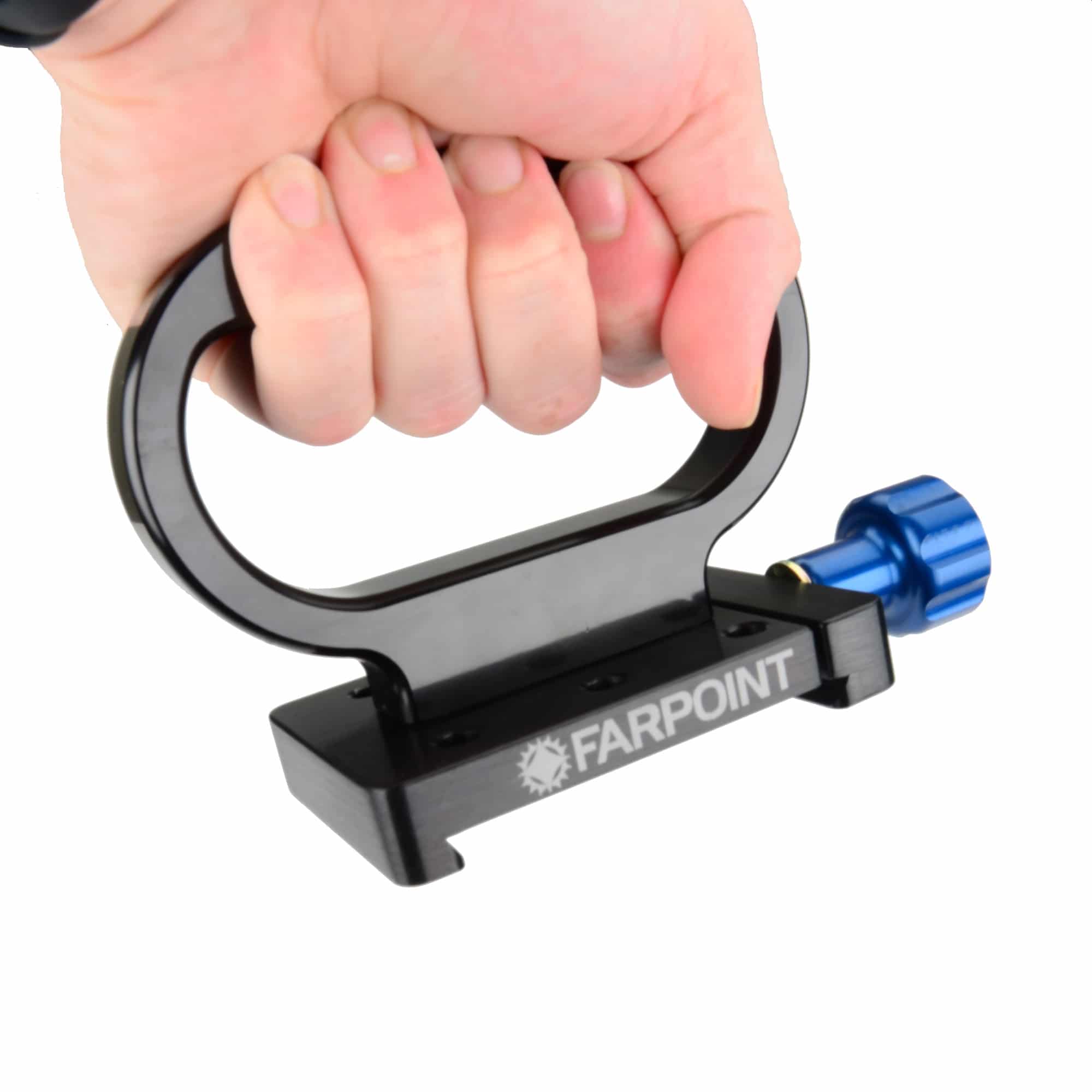 Farpoint D-Handle with included Farpoint Dovetail Adapter — D-handle with Farpoint Dovetail Adapter, held in hand for scale