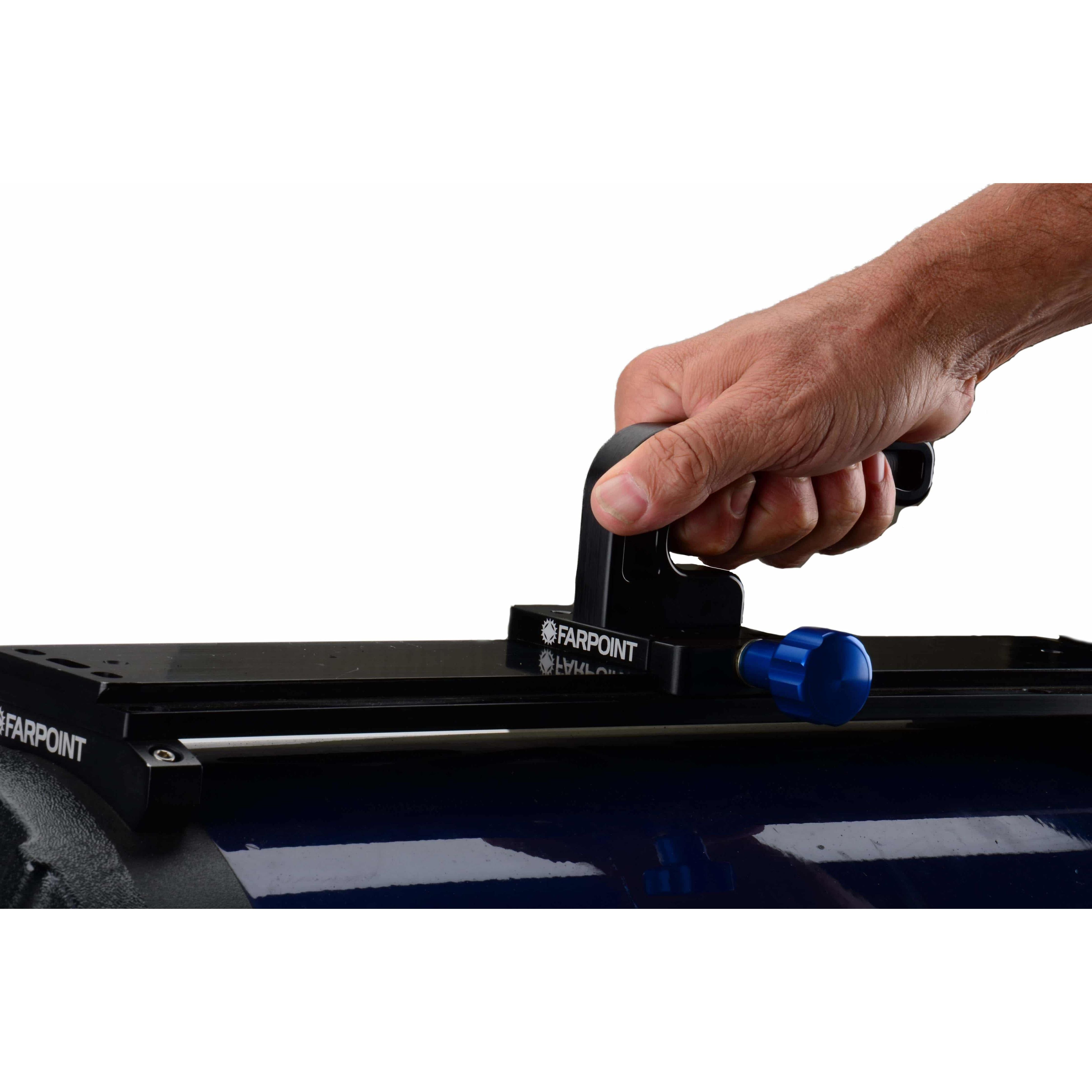 Farpoint L-Handle for Farpoint Dovetail Accessory Adapter — Farpoint dovetail accessory adapter L-handle gripped in hand