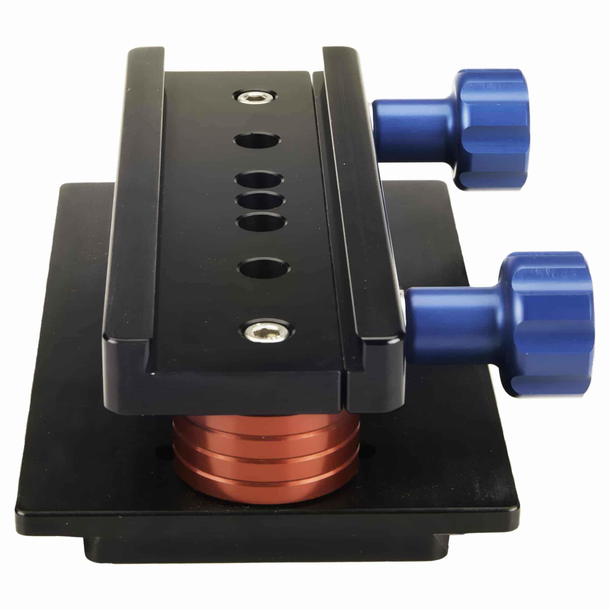 Farpoint Farpoint V-to-D Dovetail Adapter Saddle (Vixen to Losmandy) with Spacer Pucks — Farpoint Vixen-to-Losmandy dovetail saddle with spacer pucks, head-on view